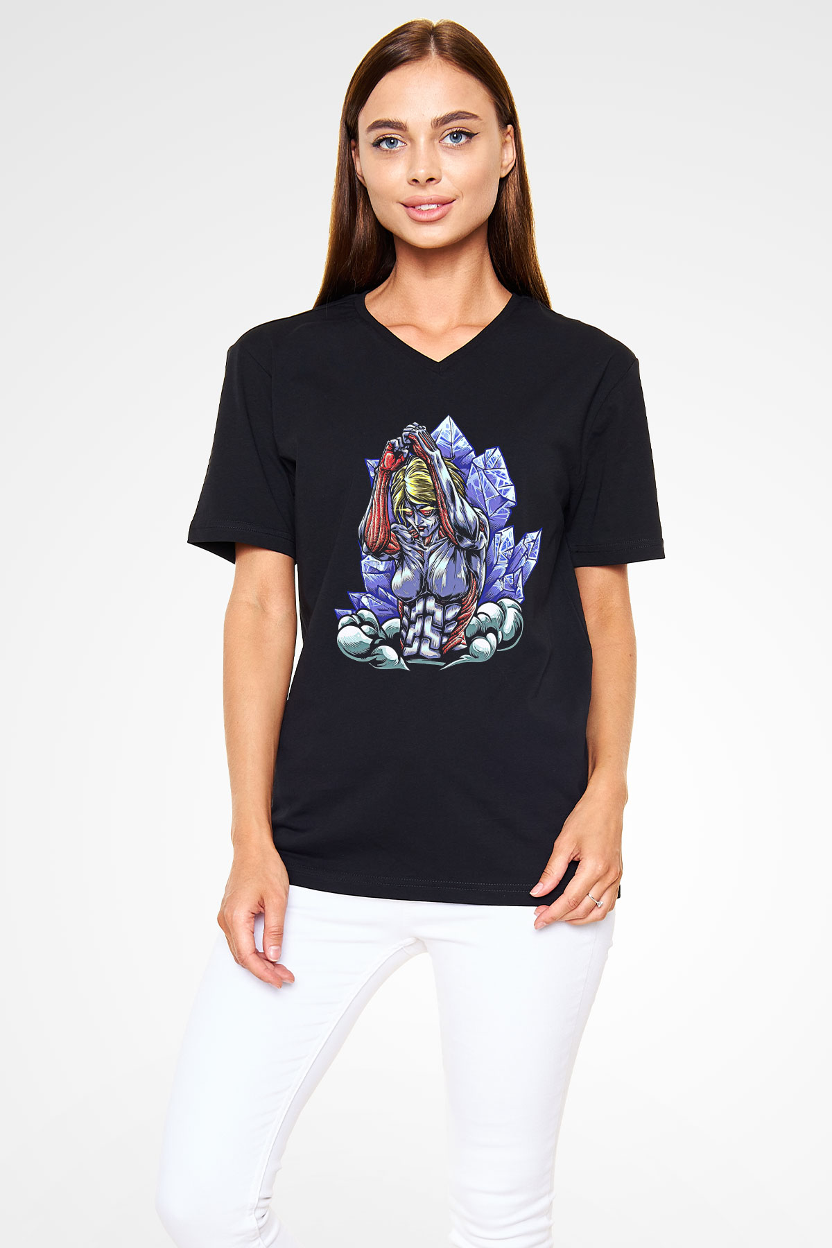 Attack On Titan Baskılı Unisex Siyah V Yaka Tişört - Tshirt