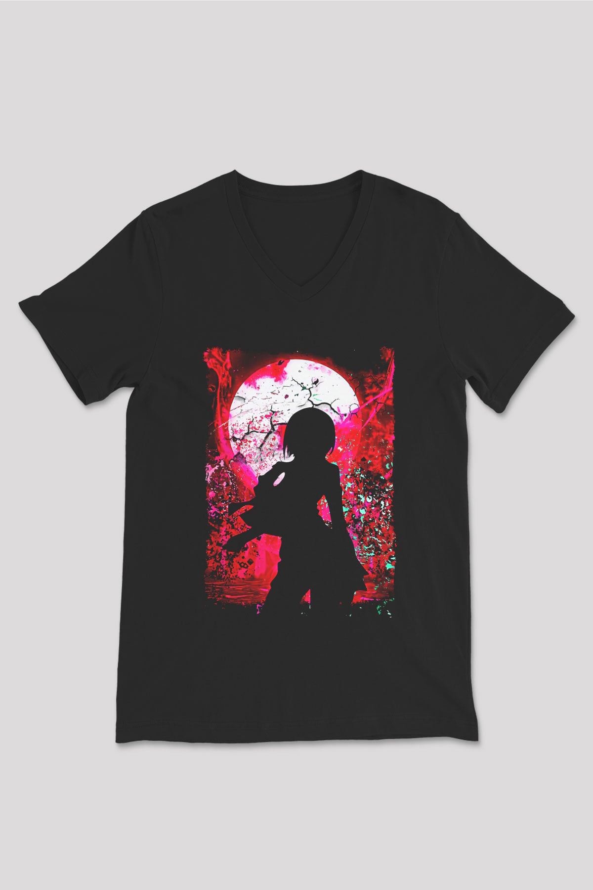 Attack On Titan Baskılı Unisex Siyah V Yaka Tişört - Tshirt
