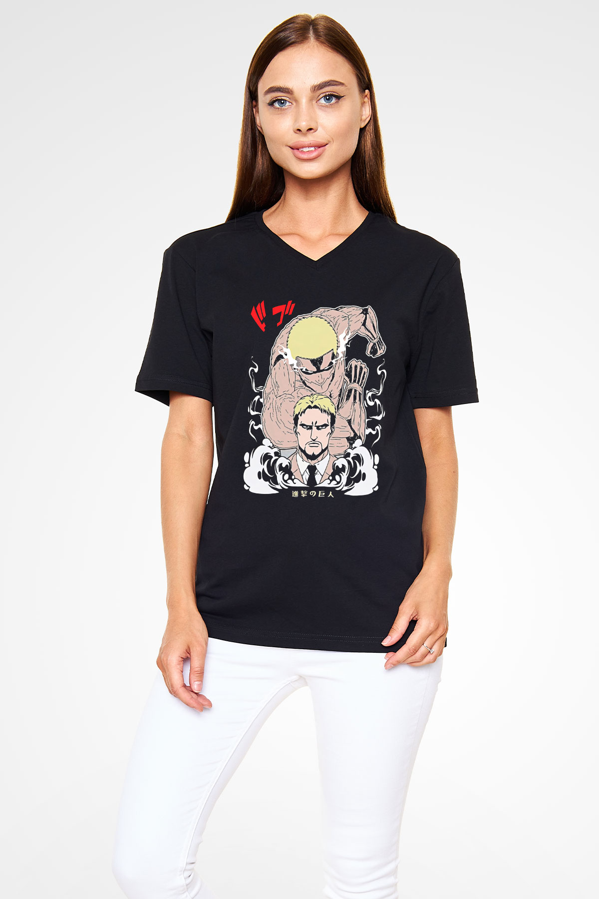 Attack On Titan Baskılı Unisex Siyah V Yaka Tişört - Tshirt