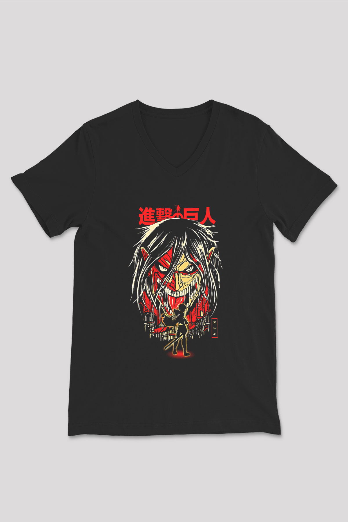 Attack On Titan Baskılı Unisex Siyah V Yaka Tişört - Tshirt