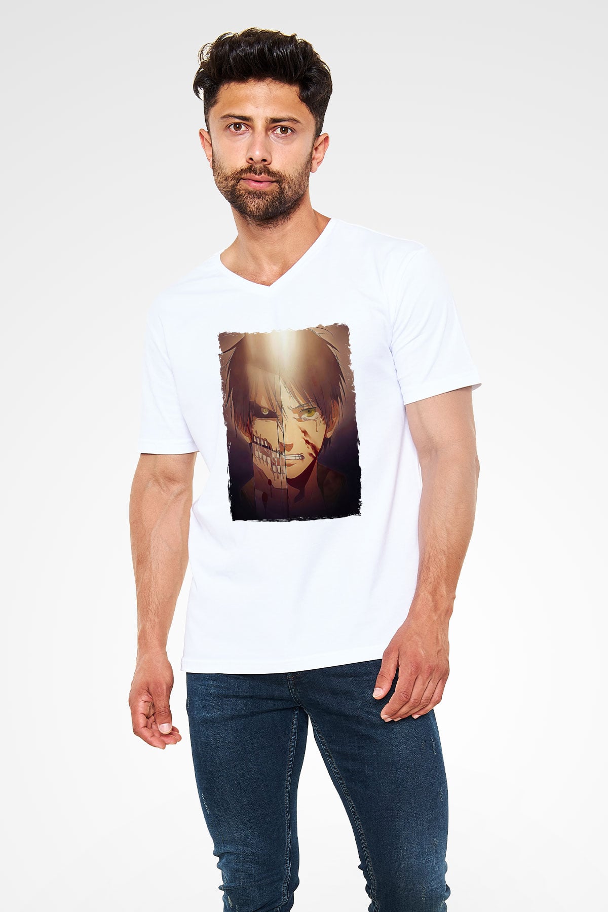 Attack On Titan Baskılı Unisex Siyah V Yaka Tişört - Tshirt