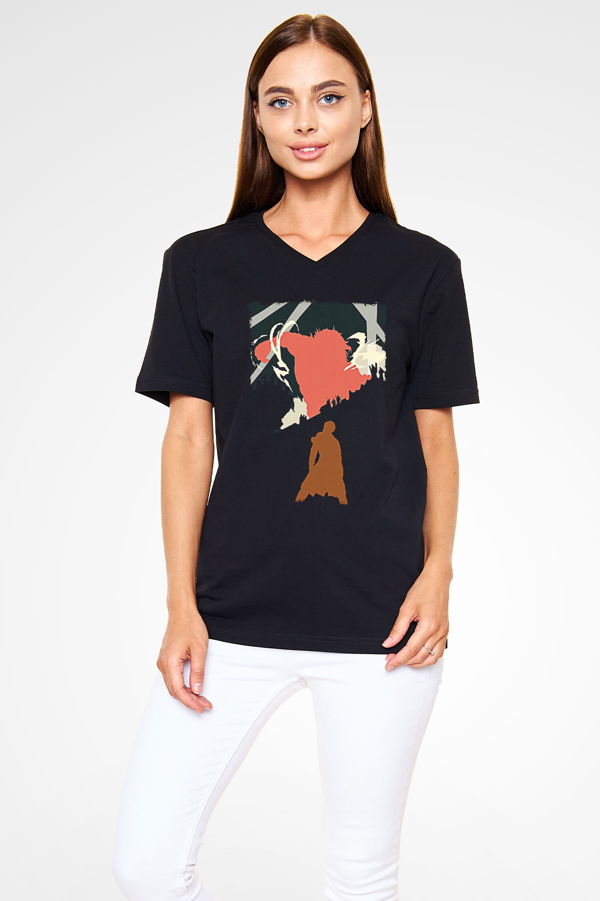 Attack On Titan Baskılı Unisex Siyah V Yaka Tişört - Tshirt