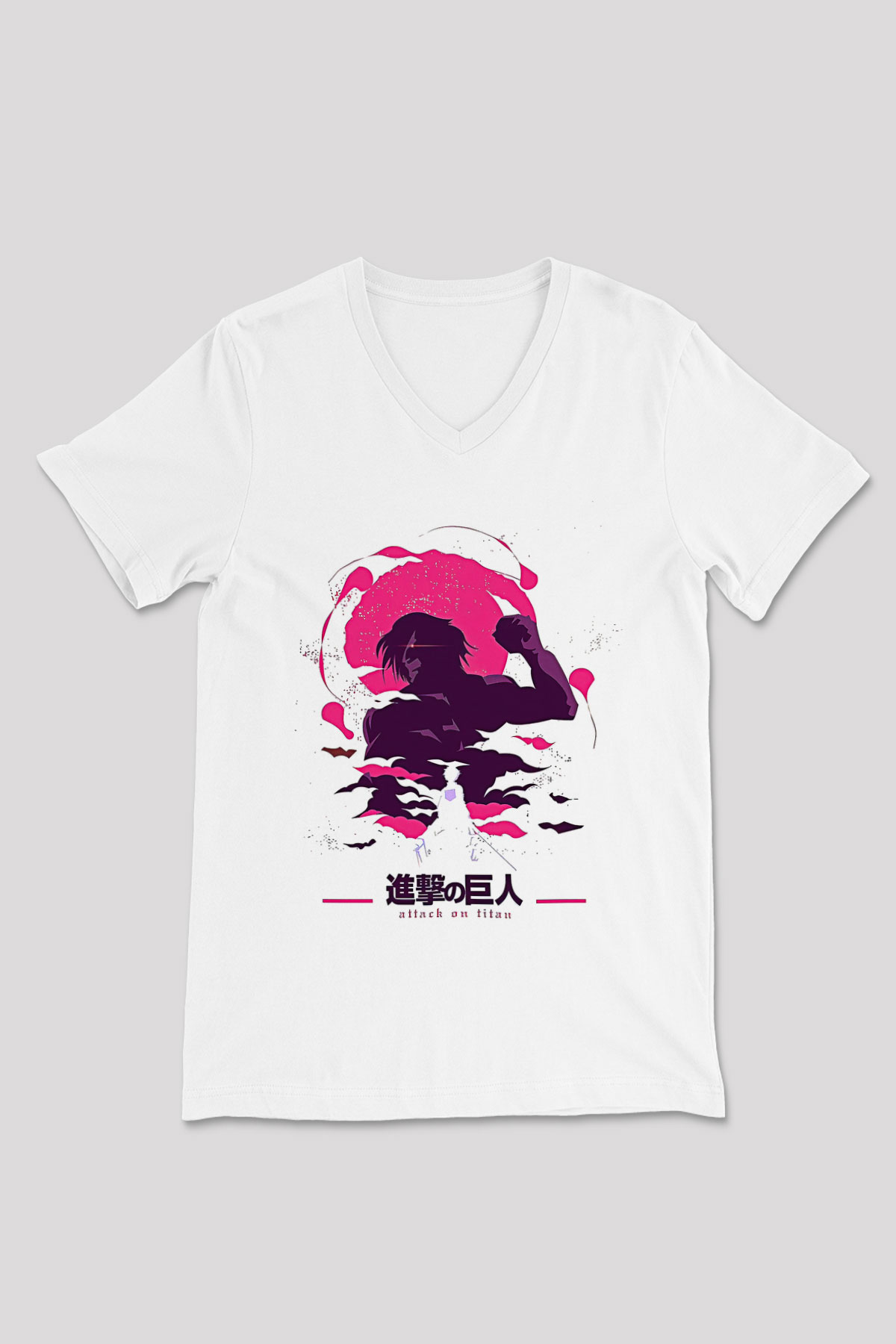 Attack On Titan Baskılı Unisex Siyah V Yaka Tişört - Tshirt
