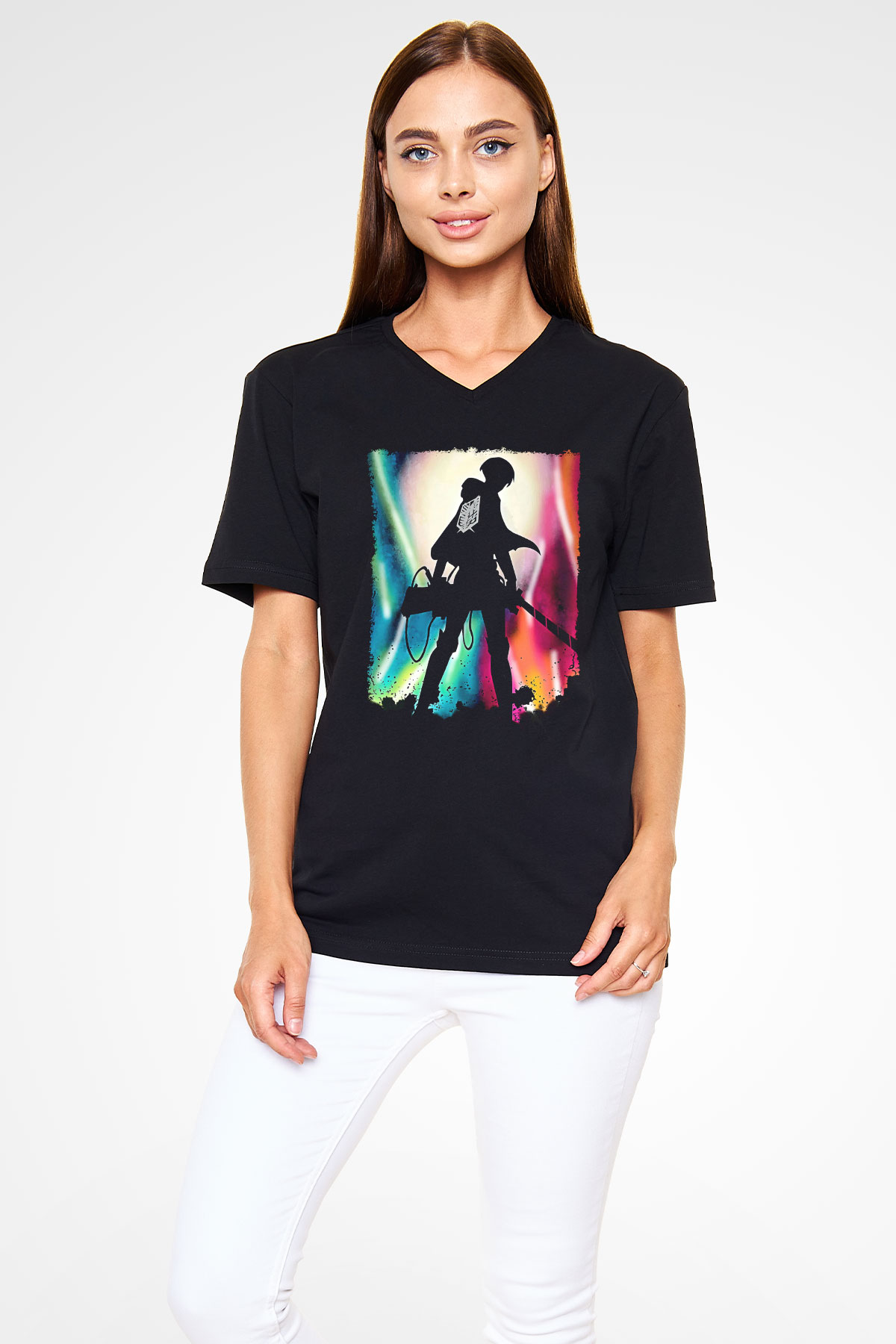 Attack On Titan Baskılı Unisex Siyah V Yaka Tişört - Tshirt