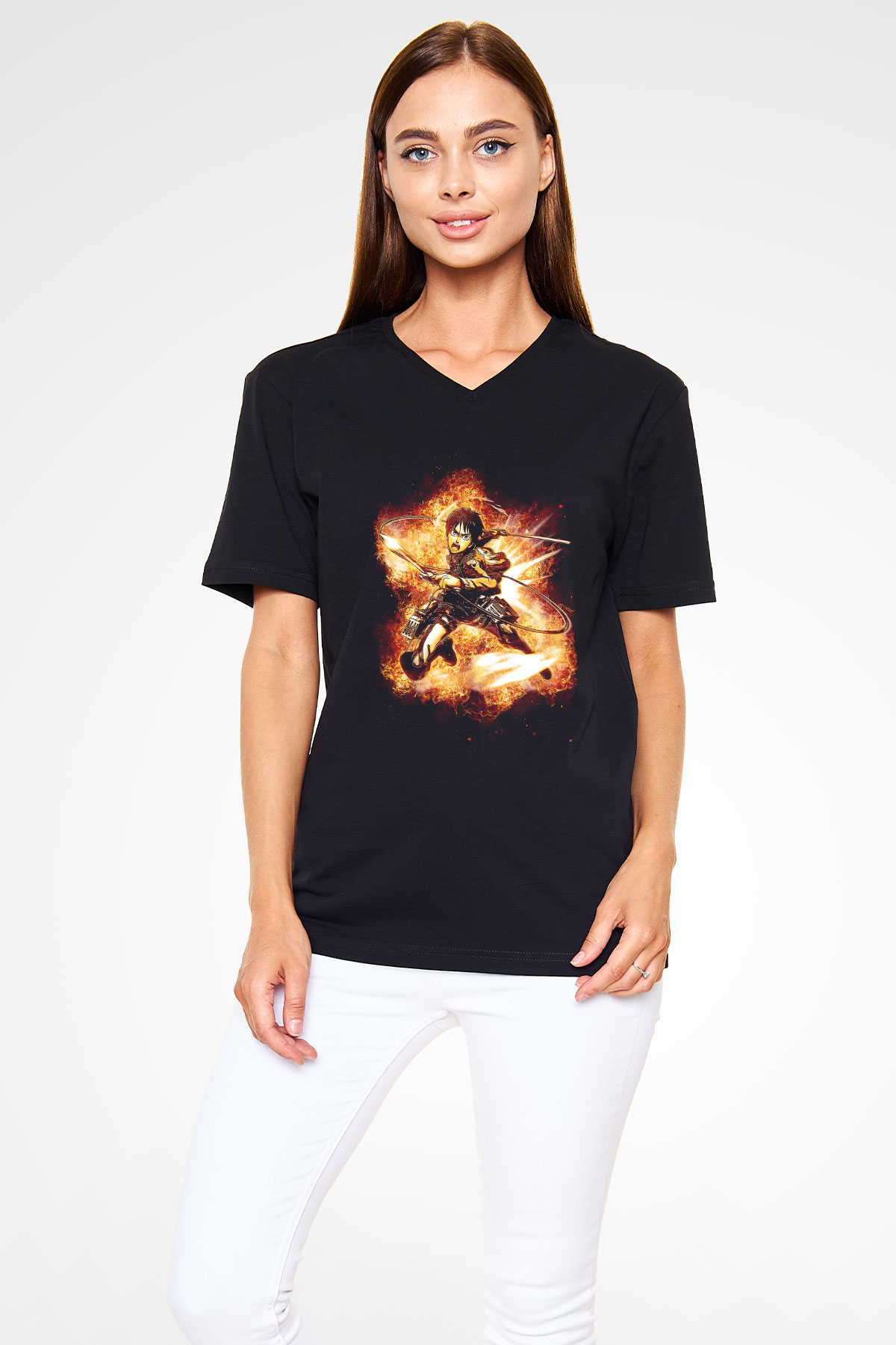 Attack On Titan Baskılı Unisex Siyah V Yaka Tişört - Tshirt