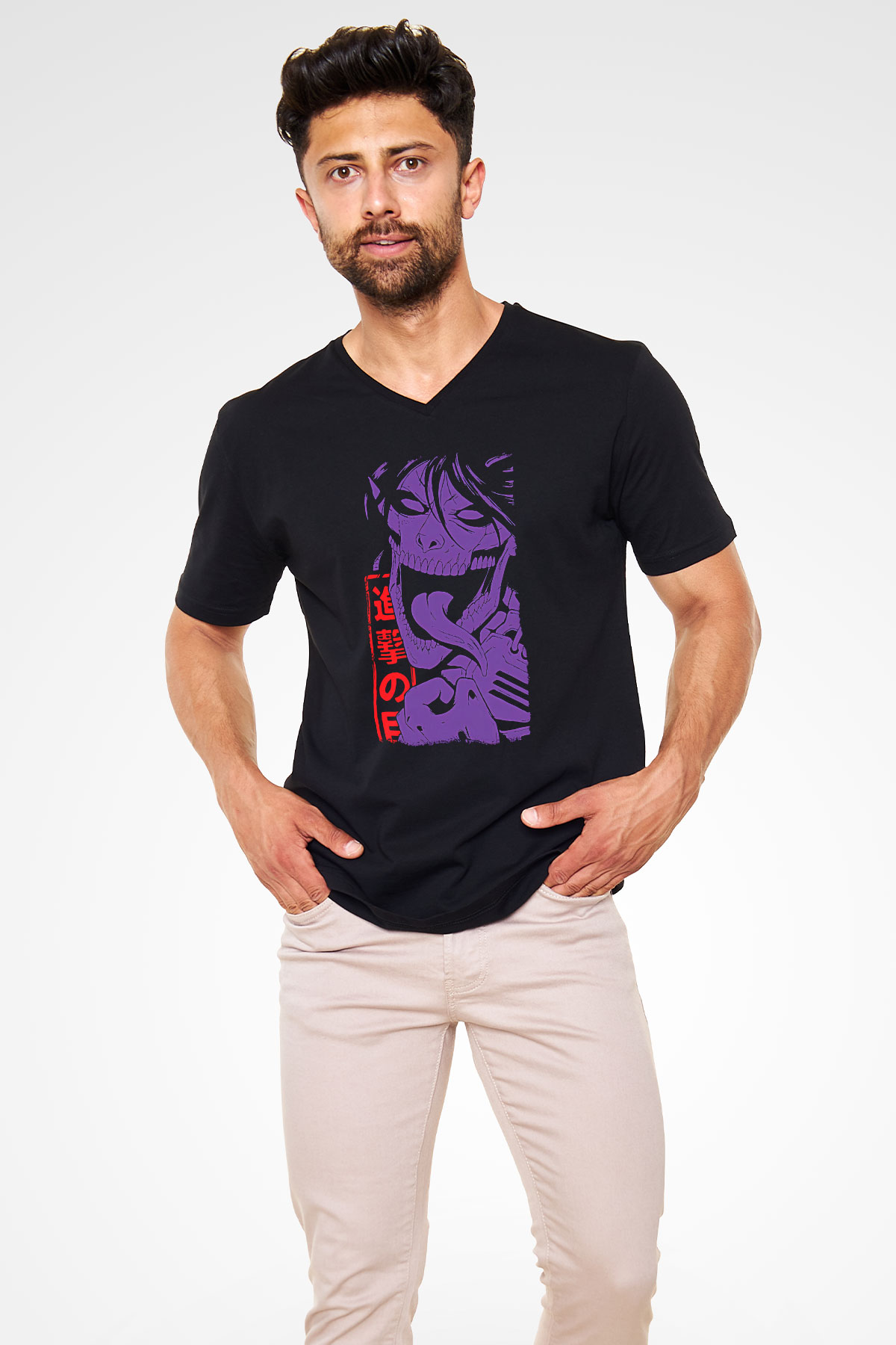 Attack On Titan Baskılı Unisex Siyah V Yaka Tişört - Tshirt