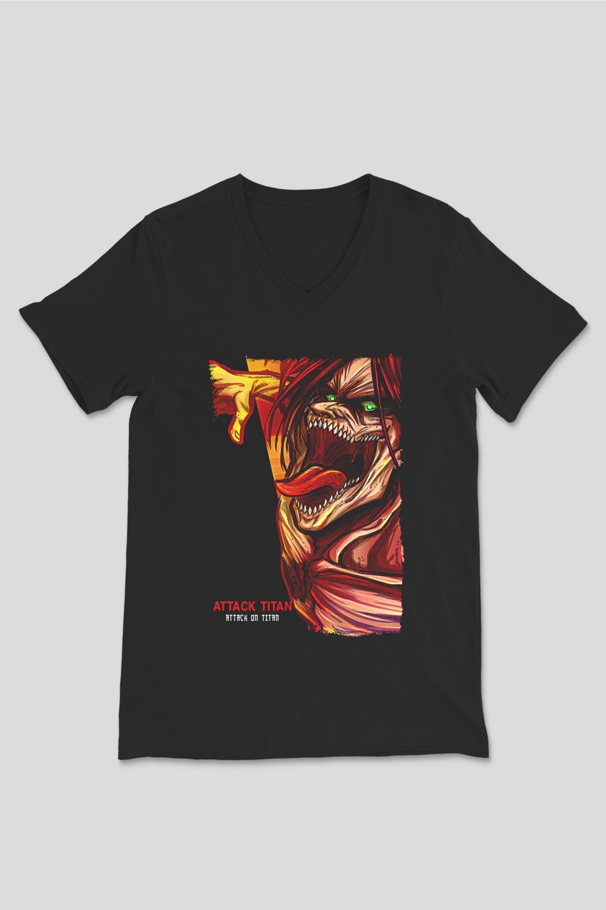 Attack On Titan Baskılı Unisex Siyah V Yaka Tişört - Tshirt