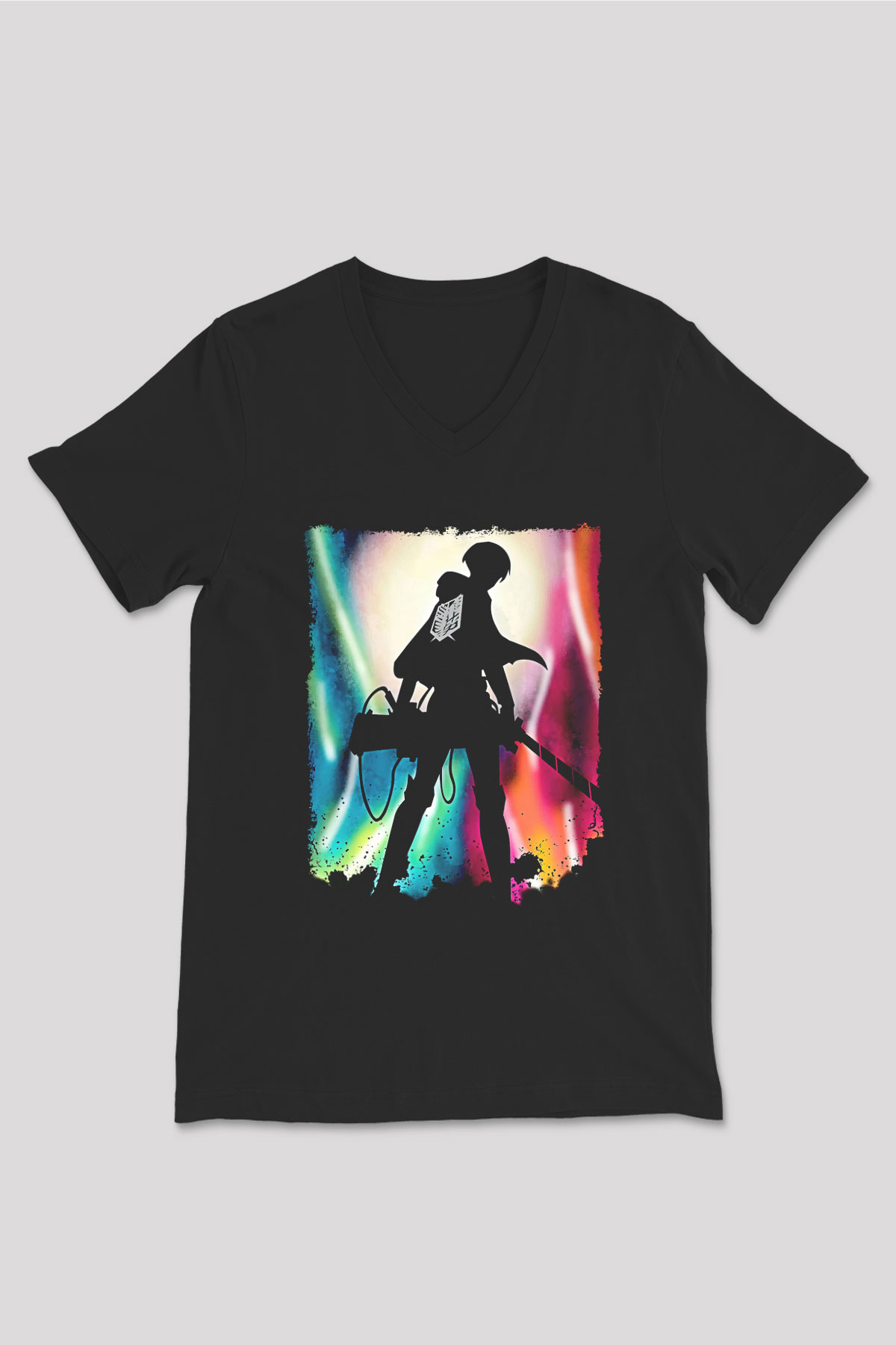 Attack On Titan Baskılı Unisex Siyah V Yaka Tişört - Tshirt