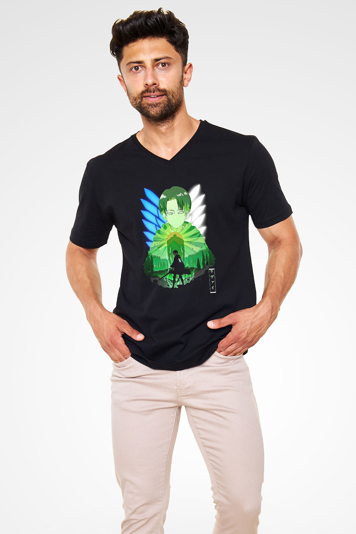 Attack On Titan Baskılı Unisex Siyah V Yaka Tişört - Tshirt