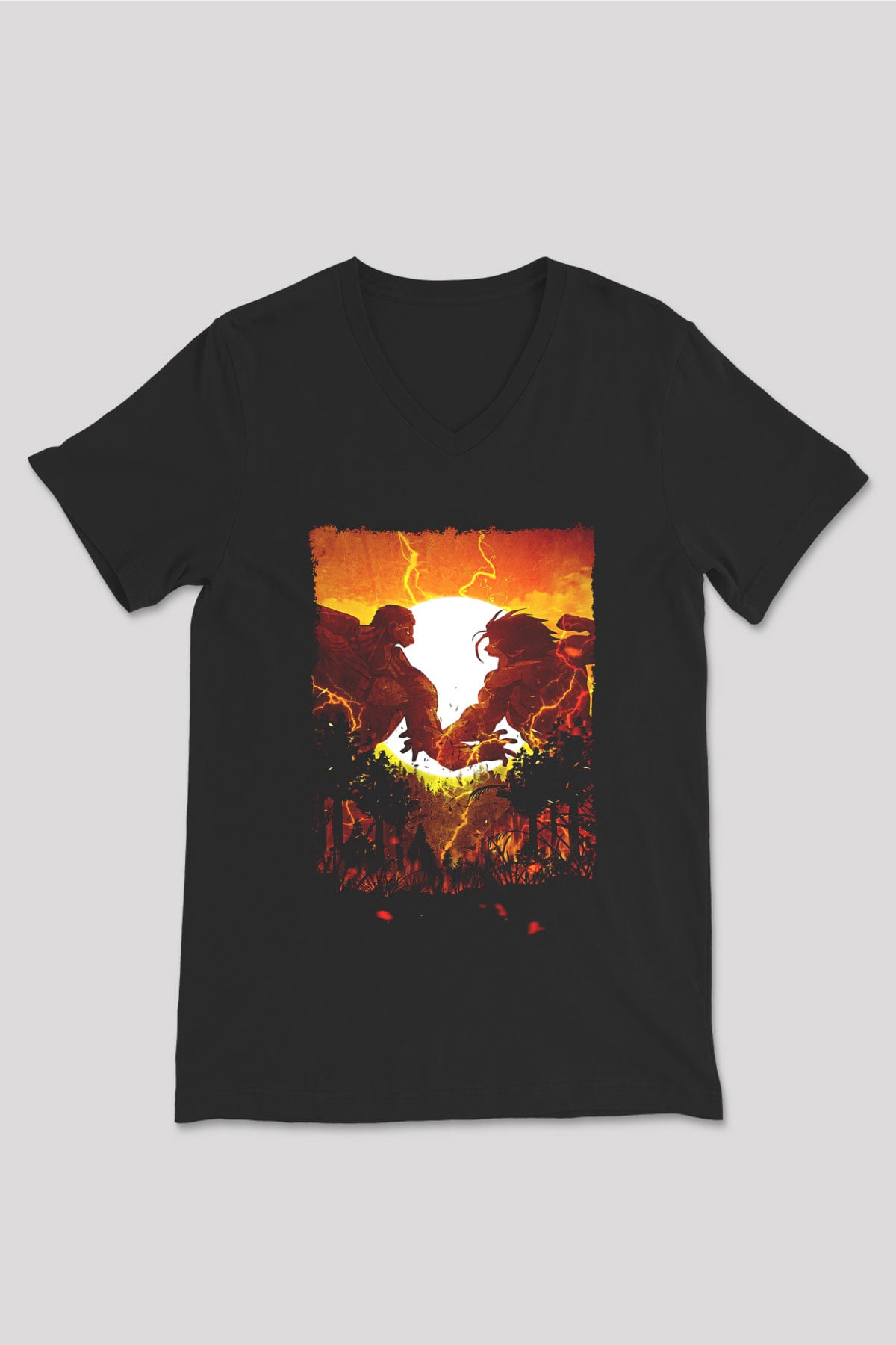 Attack On Titan Baskılı Unisex Siyah V Yaka Tişört - Tshirt
