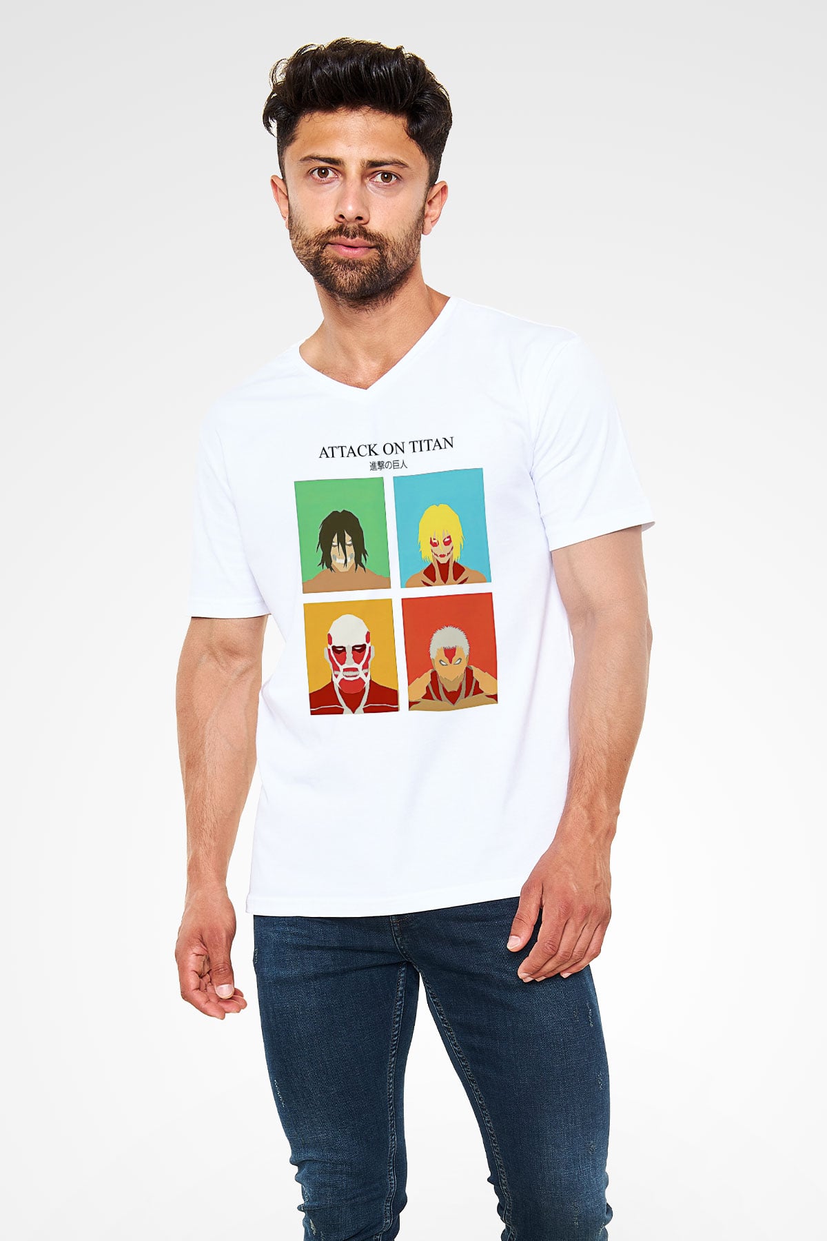 Attack On Titan Baskılı Unisex Siyah V Yaka Tişört - Tshirt