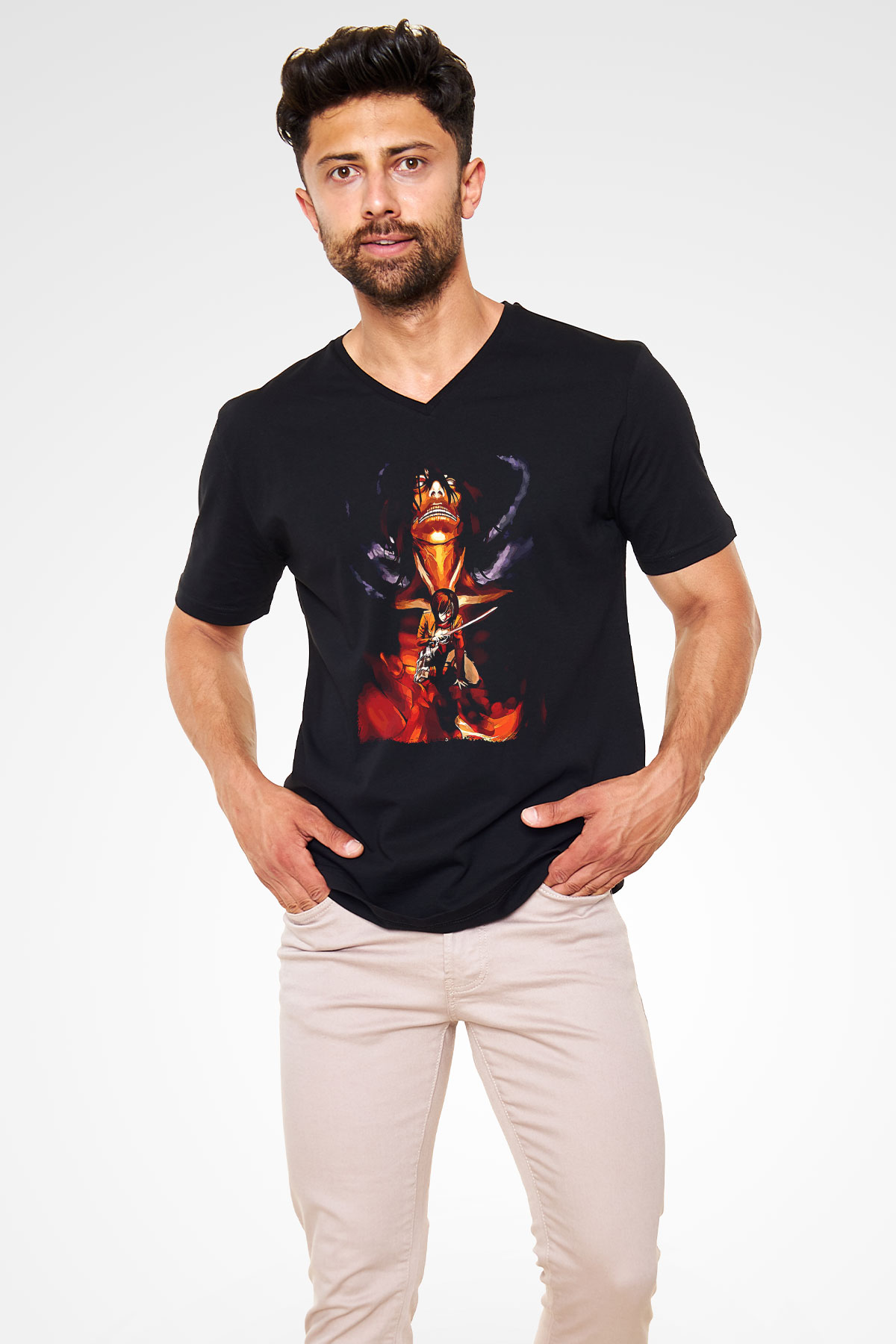 Attack On Titan Baskılı Unisex Siyah V Yaka Tişört - Tshirt