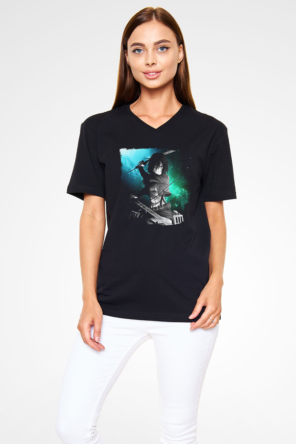 Attack On Titan Baskılı Unisex Siyah V Yaka Tişört - Tshirt