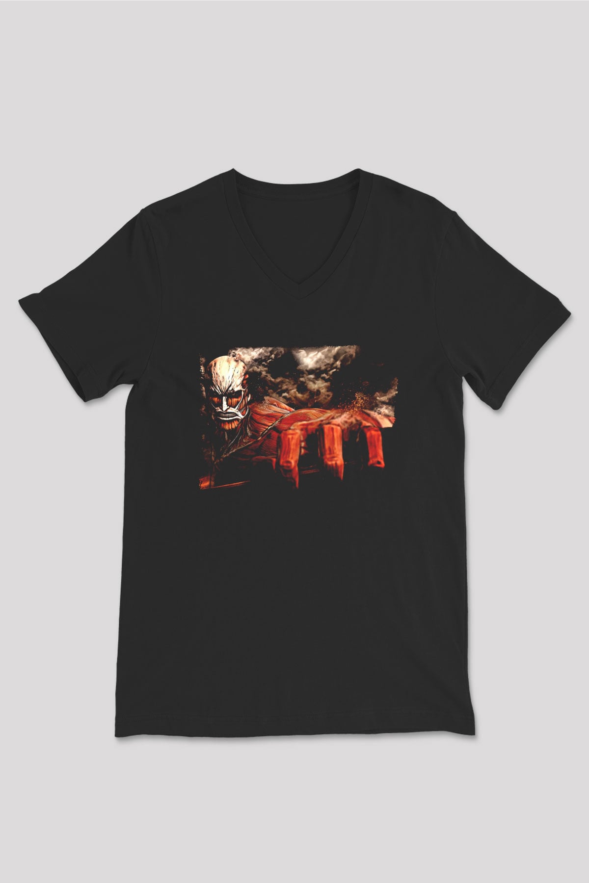 Attack On Titan Baskılı Unisex Siyah V Yaka Tişört - Tshirt