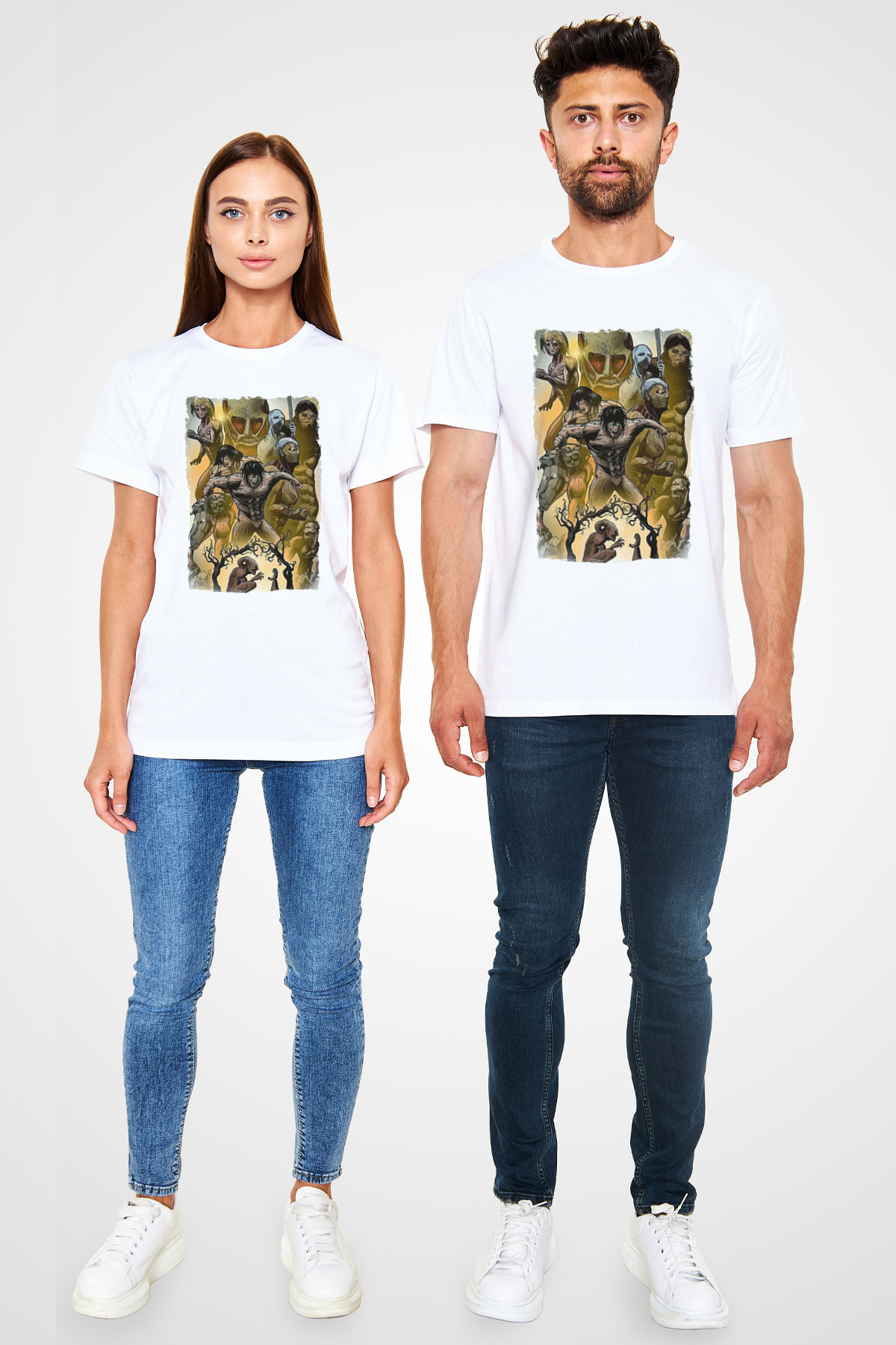 Attack On Titan Unisex Baskılı Beyaz Tişört - Tshirt