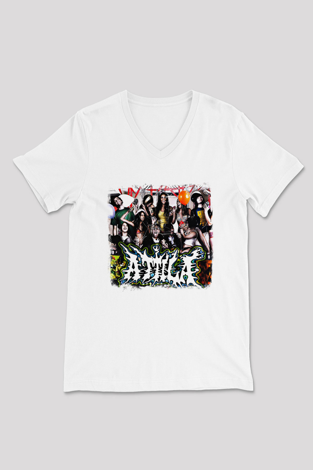 Attila Baskılı Unisex Beyaz V Yaka Tişört