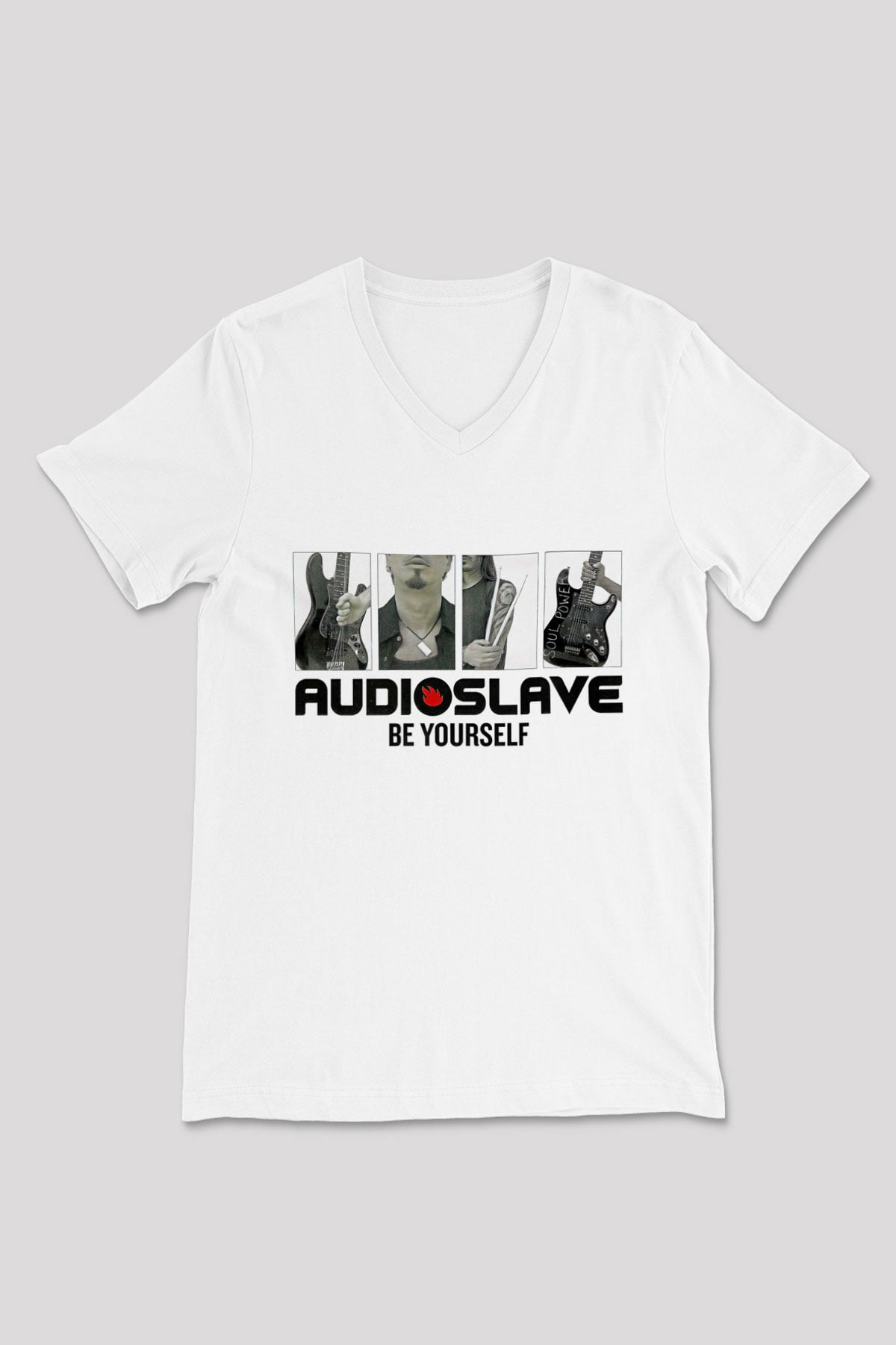 Audioslave Baskılı Beyaz Unisex V Yaka Tişört - Tshirt