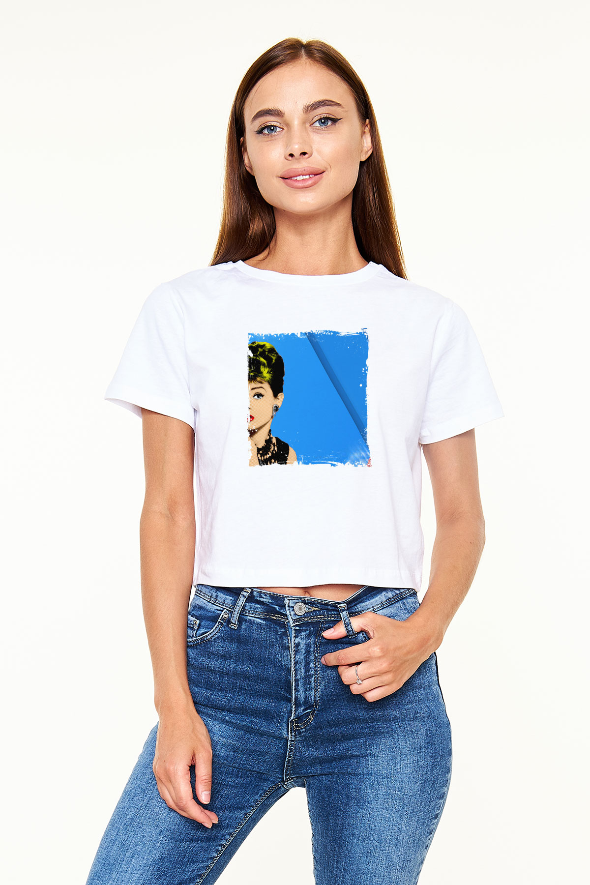Audrey Hepburn Baskılı Beyaz Kadın Crop Top Tişört