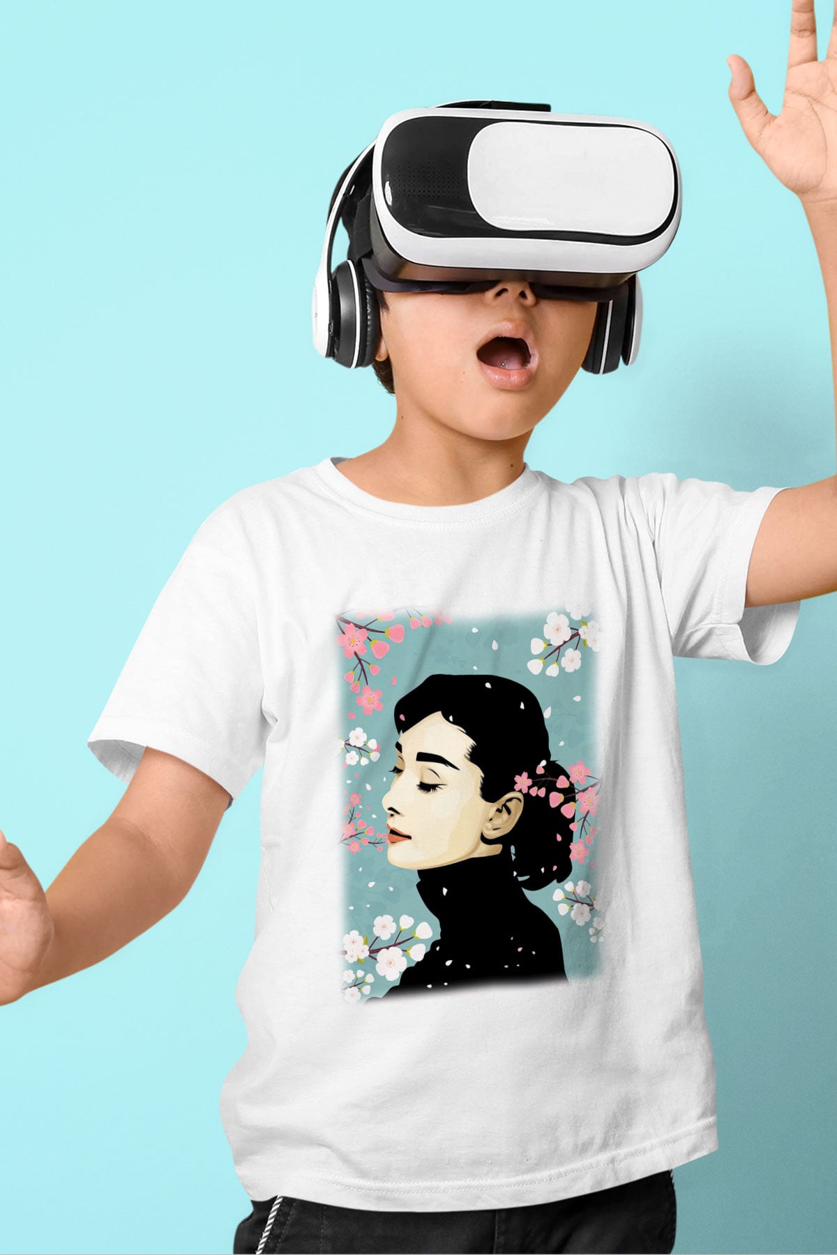 Audrey Hepburn Baskılı Beyaz Unisex Çocuk Tişört