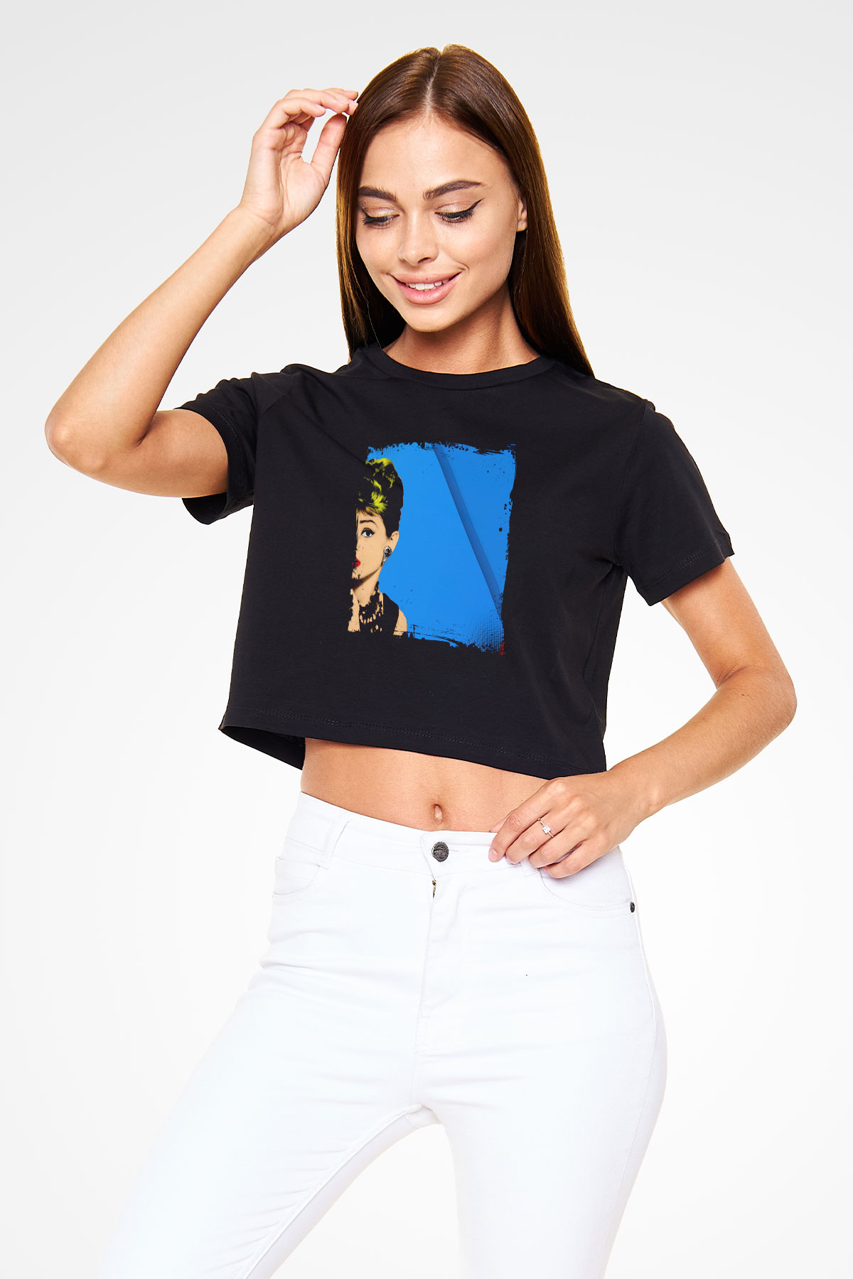 Audrey Hepburn Baskılı Siyah Kadın Crop Top Tişört