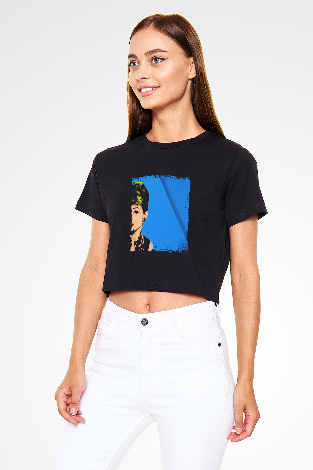 Audrey Hepburn Baskılı Siyah Kadın Crop Top Tişört