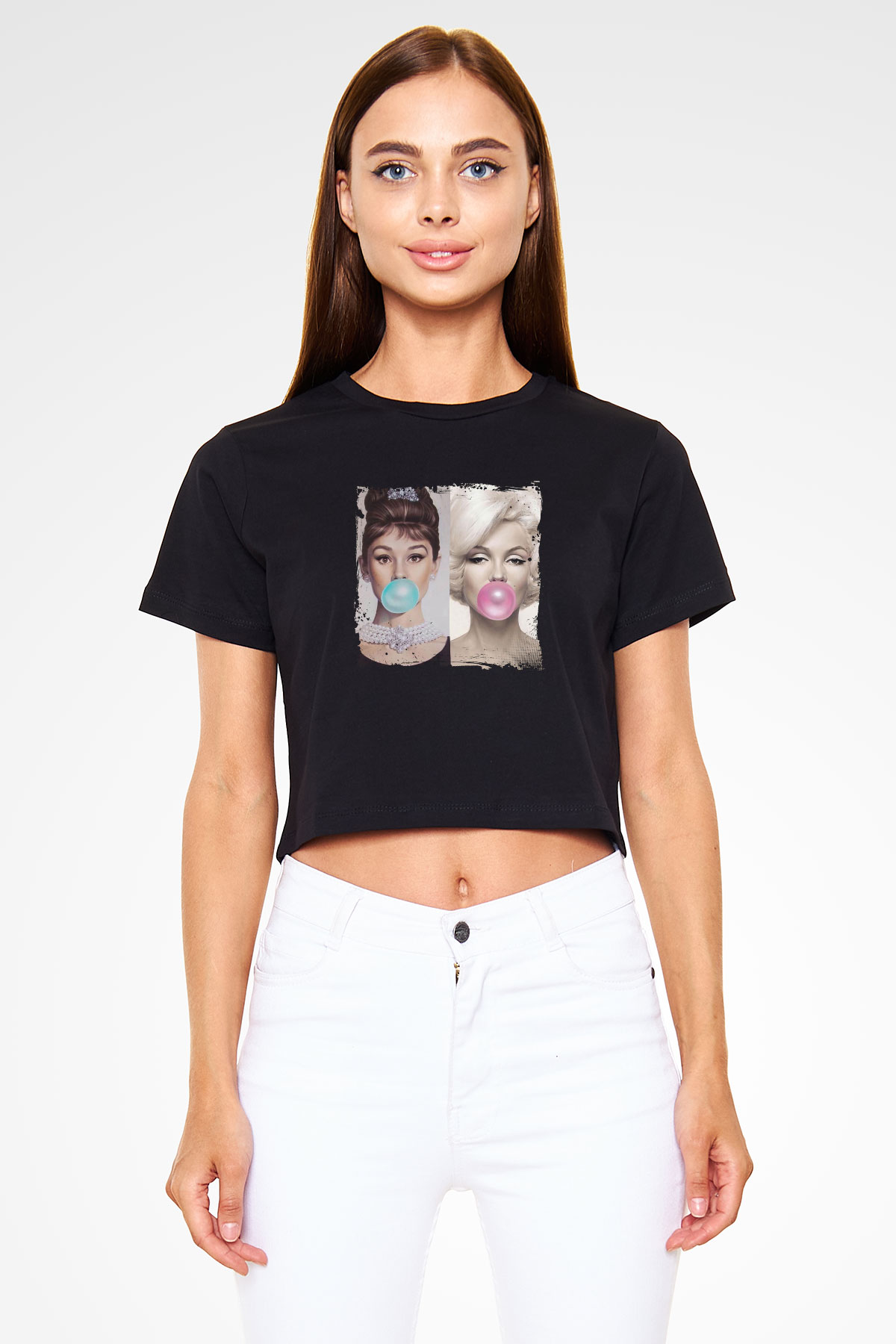 Audrey Hepburn Baskılı Siyah Kadın Crop Top Tişört