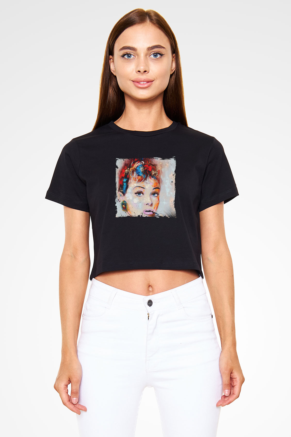Audrey Hepburn Baskılı Siyah Kadın Crop Top Tişört