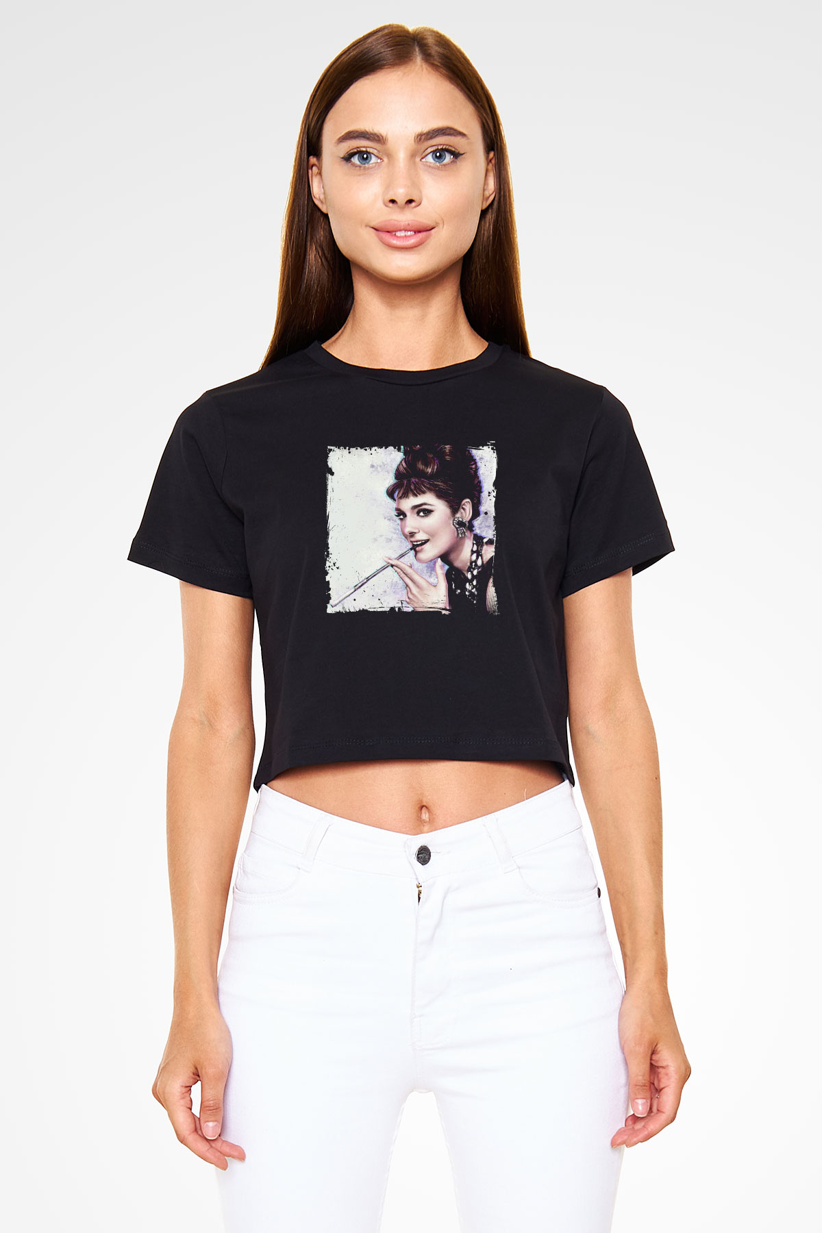 Audrey Hepburn Baskılı Siyah Kadın Crop Top Tişört