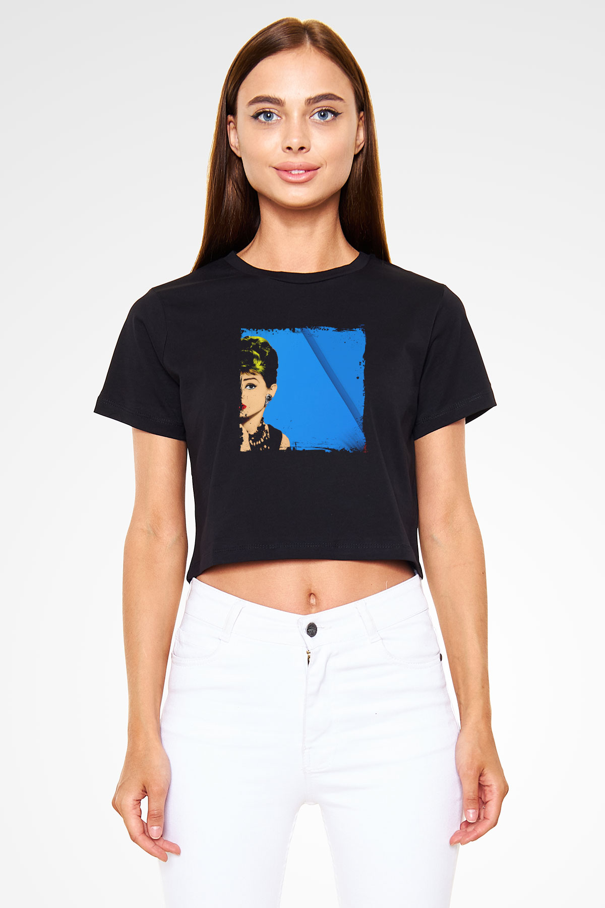 Audrey Hepburn Baskılı Siyah Kadın Crop Top Tişört