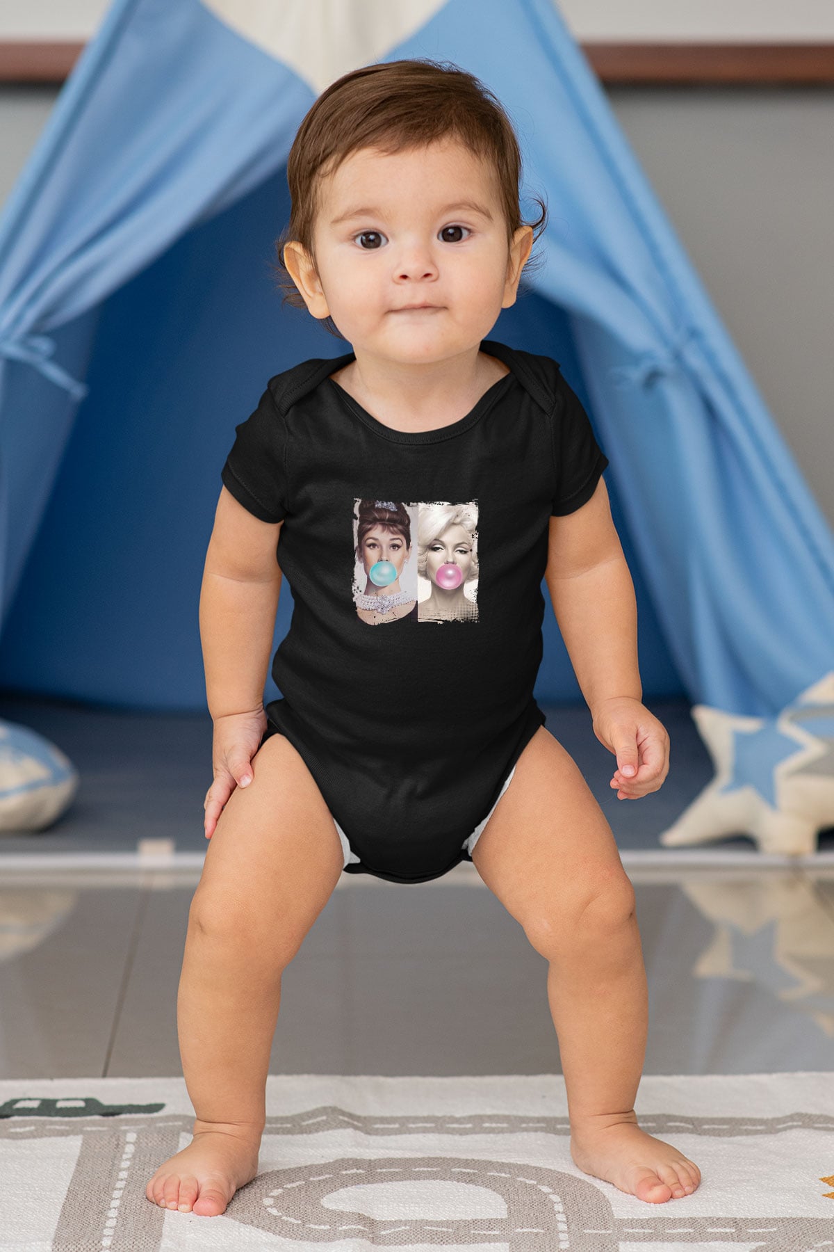 Audrey Hepburn Baskılı Unisex Siyah Bebek Body - Zıbın