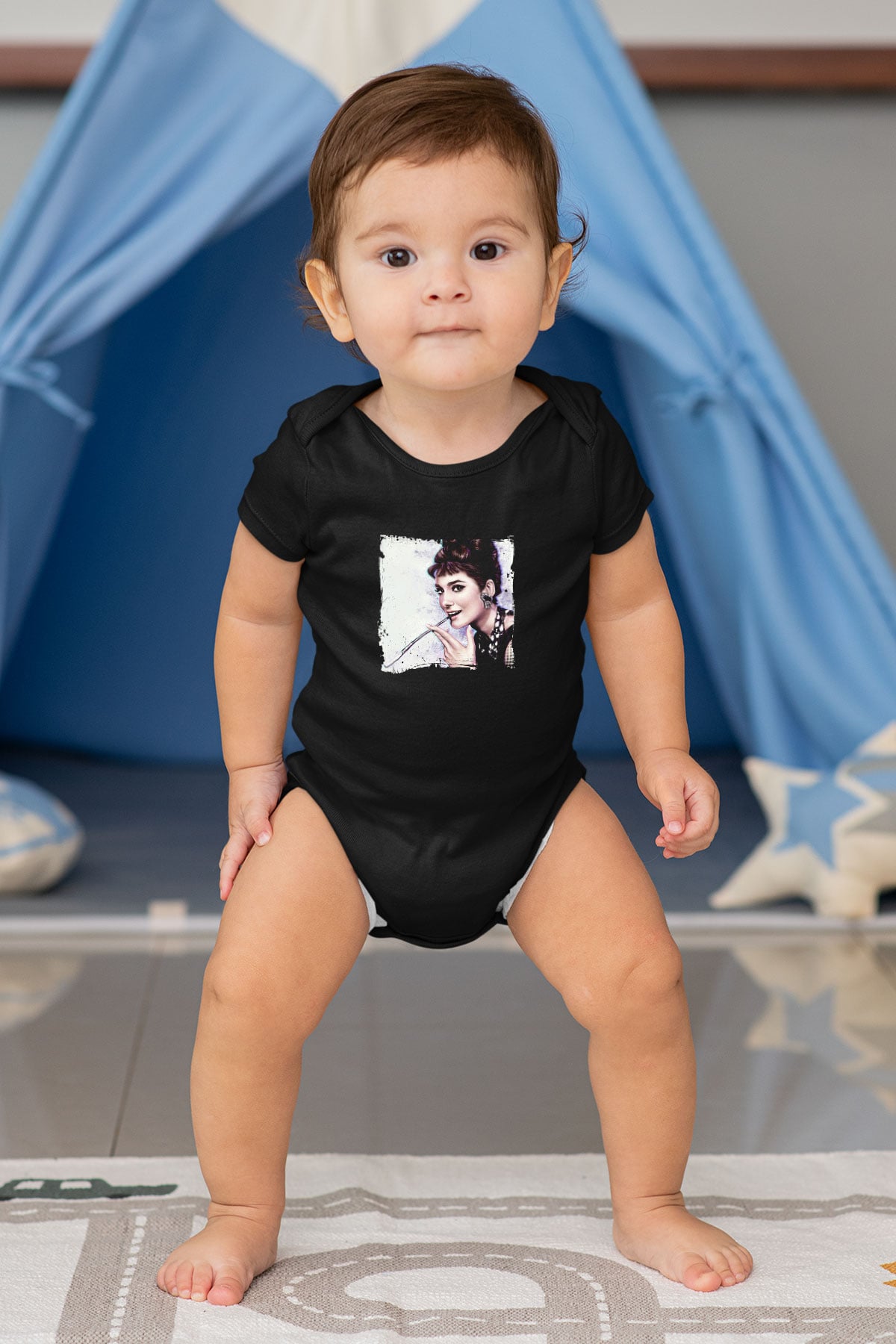 Audrey Hepburn Baskılı Unisex Siyah Bebek Body - Zıbın