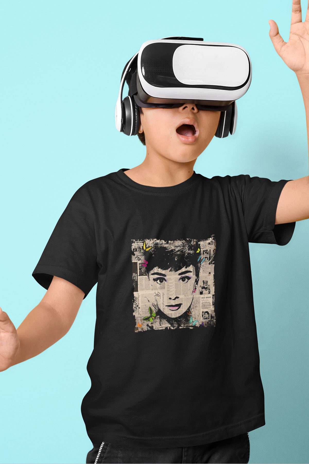 Audrey Hepburn Baskılı Unisex Siyah Çocuk Tişört