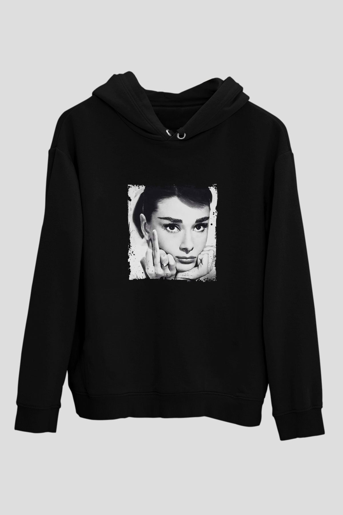 Audrey Hepburn Baskılı Unisex Siyah Hoodie