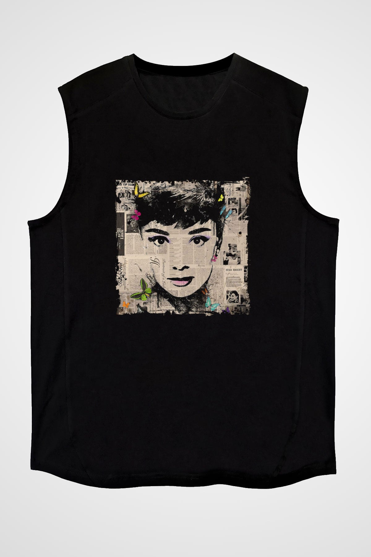 Audrey Hepburn Baskılı Unisex Siyah Kolsuz Tişört
