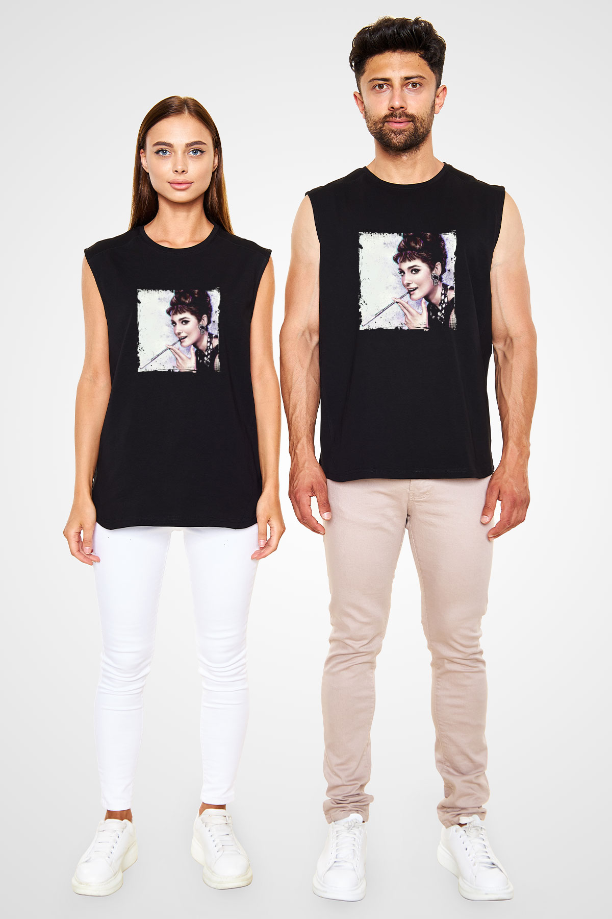Audrey Hepburn Baskılı Unisex Siyah Kolsuz Tişört
