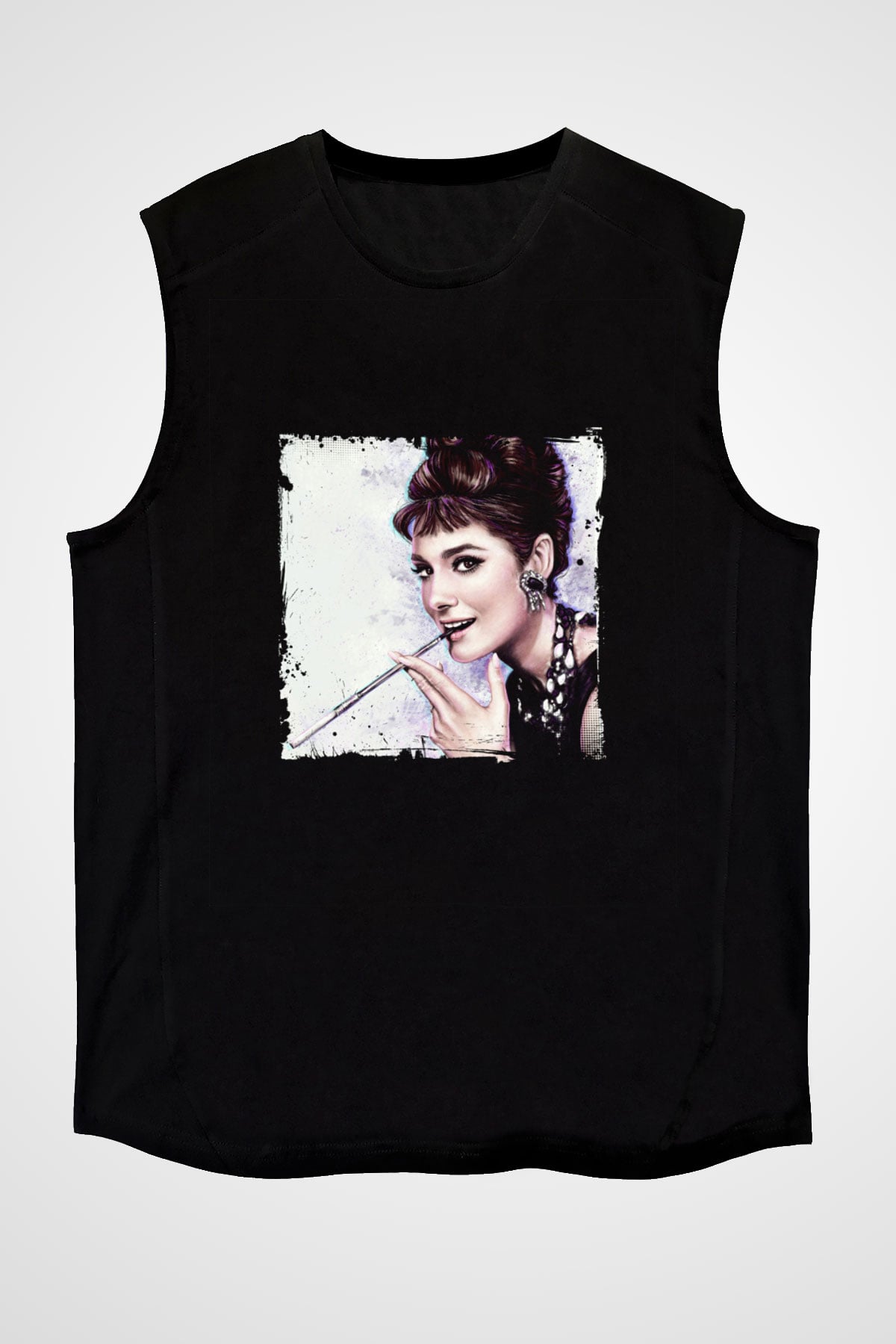 Audrey Hepburn Baskılı Unisex Siyah Kolsuz Tişört