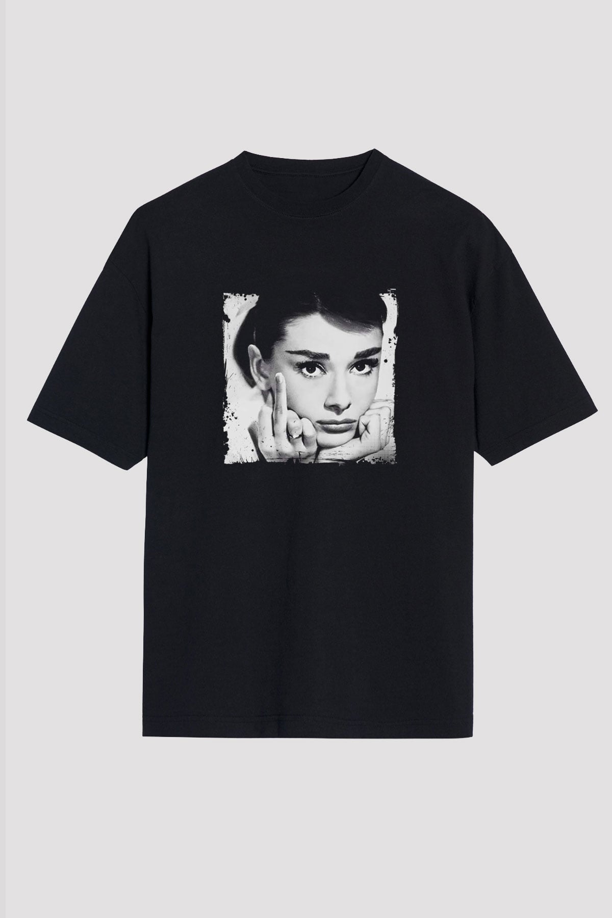 Audrey Hepburn Baskılı Unisex Siyah Oversize Tişört