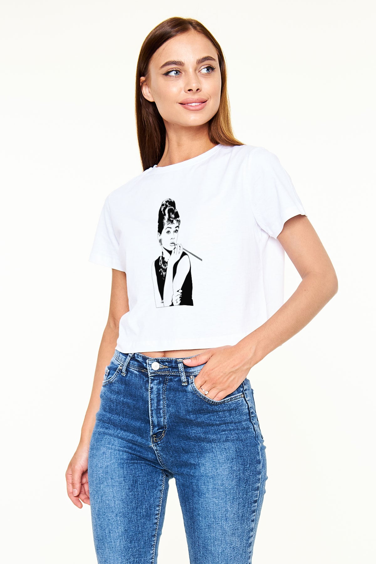 Audrey Hepburn Beyaz Croptop Tişört