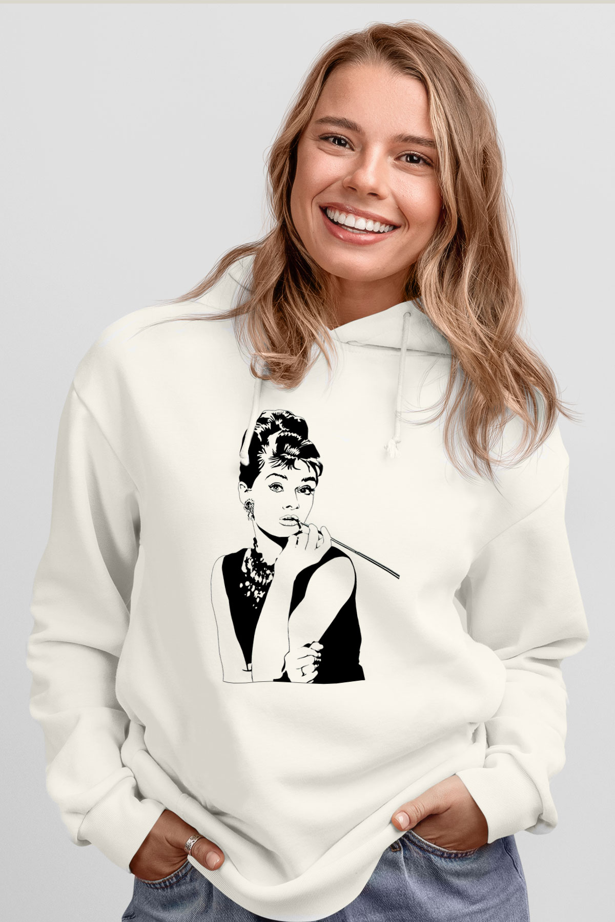 Audrey Hepburn Beyaz Unisex Kapşonlu Sweatshirt