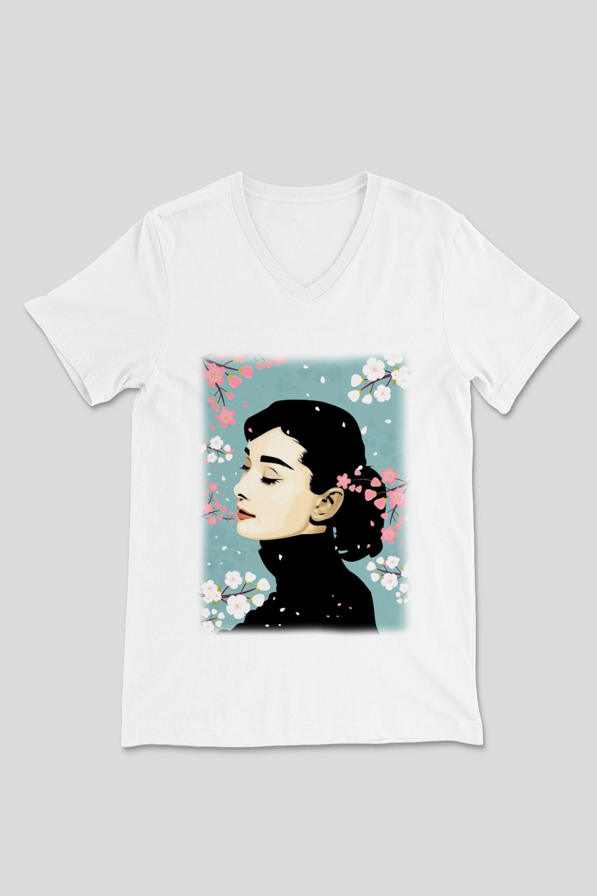 Audrey Hepburn Beyaz Unisex V Yaka Tişört T-Shirt