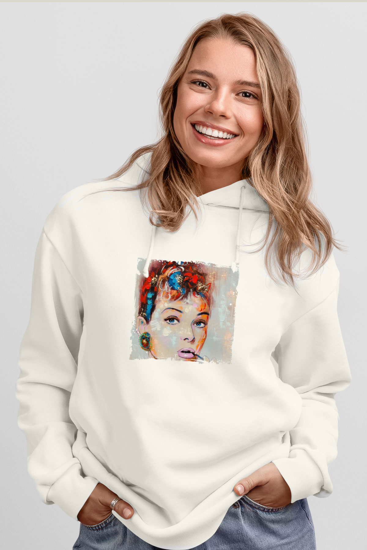 Audrey Hepburn Unisex Baskılı Beyaz Kapüşonlu Sweatshirt