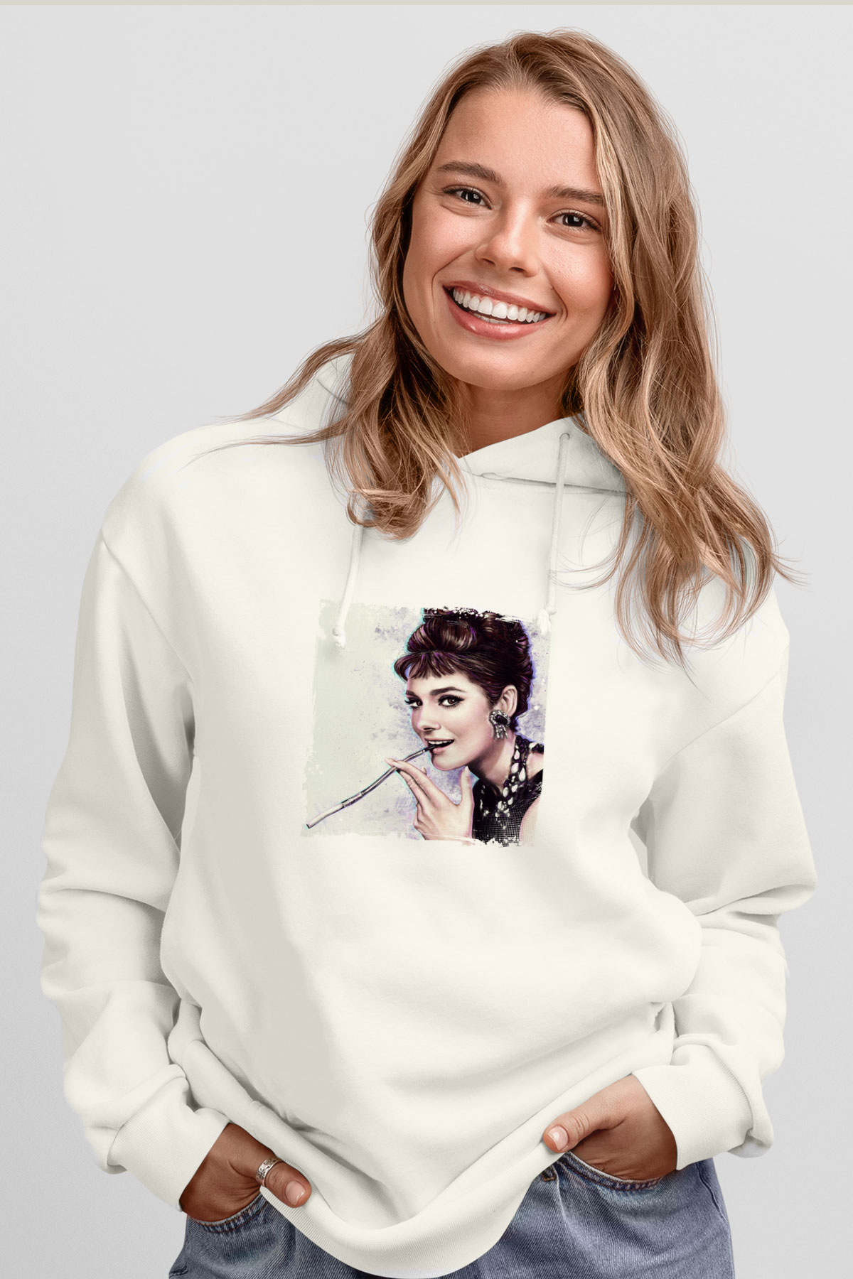 Audrey Hepburn Unisex Baskılı Beyaz Kapüşonlu Sweatshirt
