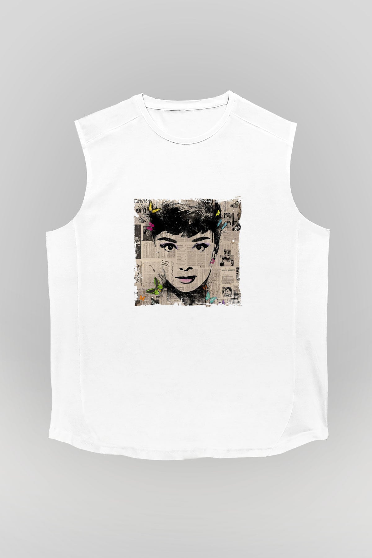 Audrey Hepburn Unisex Baskılı Beyaz Kolsuz Tişört