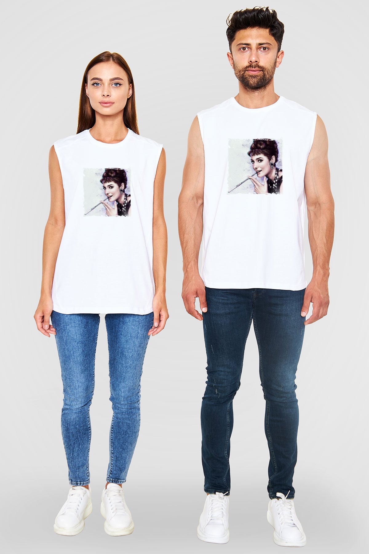 Audrey Hepburn Unisex Baskılı Beyaz Kolsuz Tişört