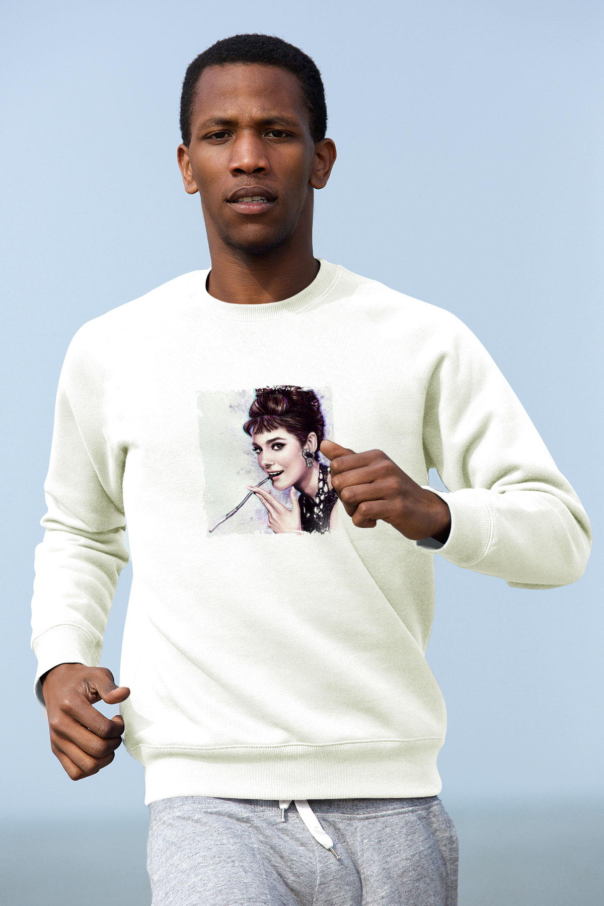 Audrey Hepburn Unisex Baskılı Beyaz Sweatshirt