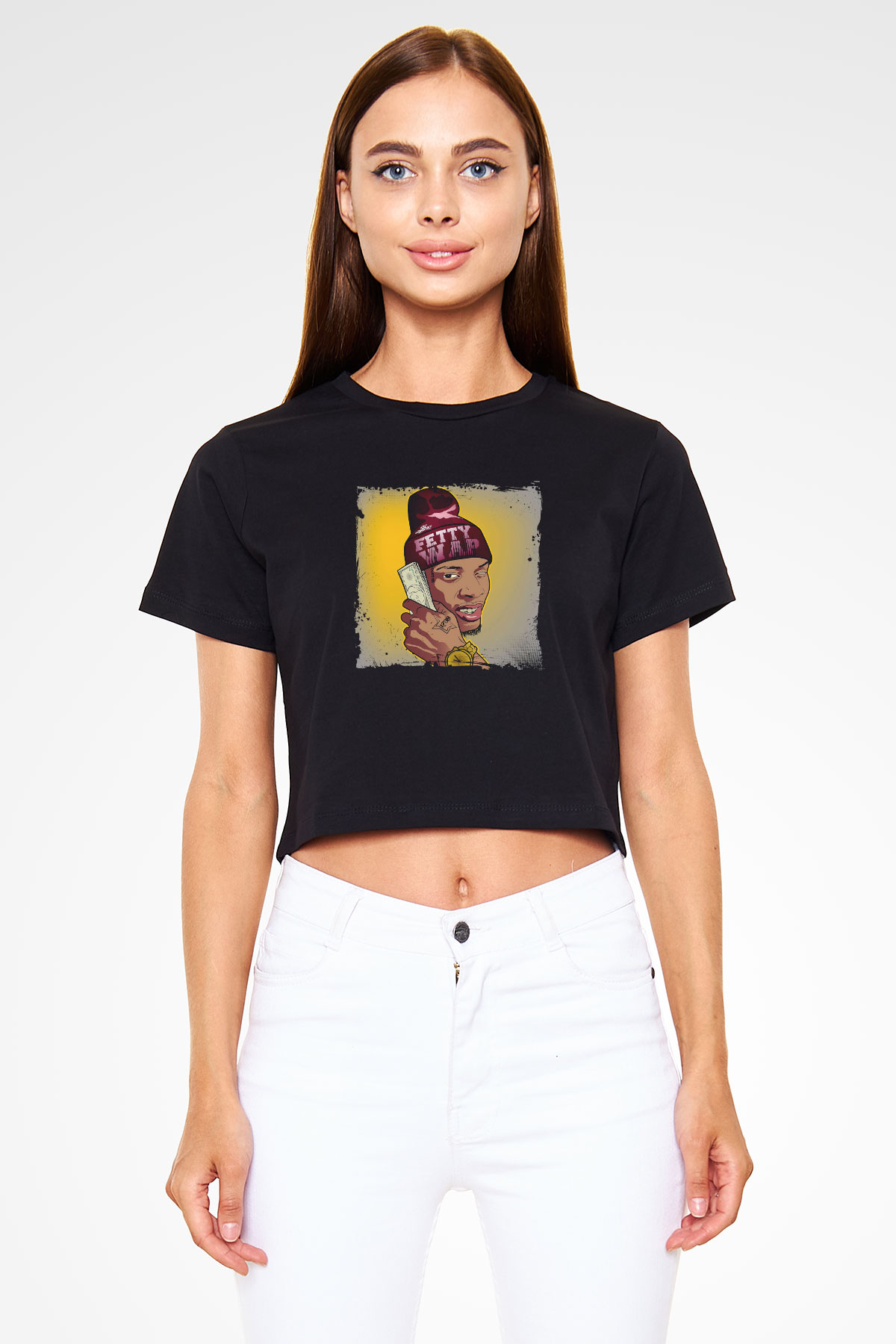 August Alsina Baskılı Crop Top Siyah Kadın Tişört