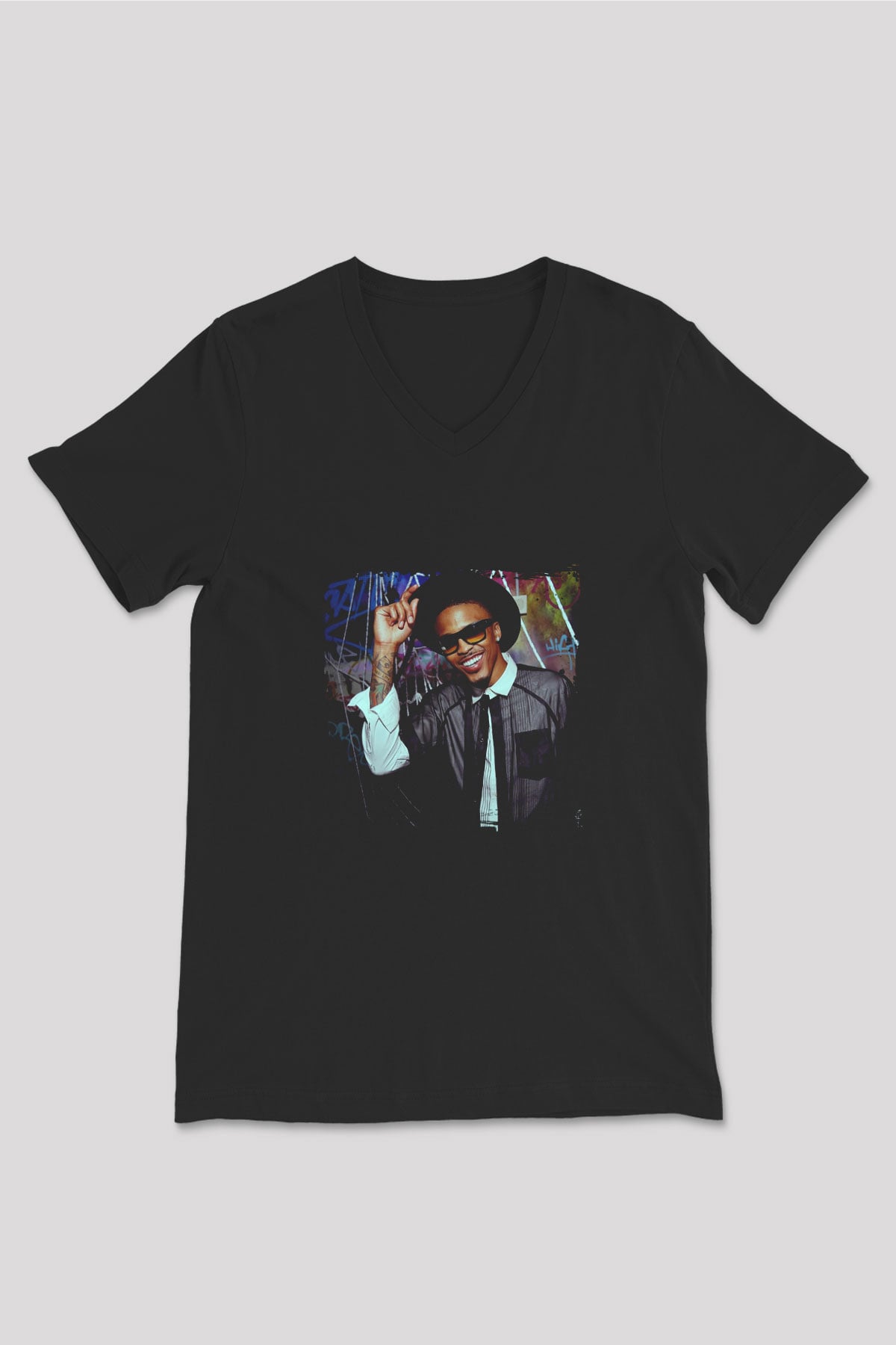 August Alsina Baskılı Unisex Siyah V Yaka Tişört
