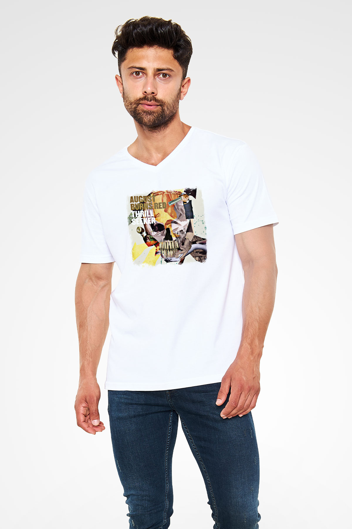 August Burns Red Baskılı Unisex Beyaz V Yaka Tişört
