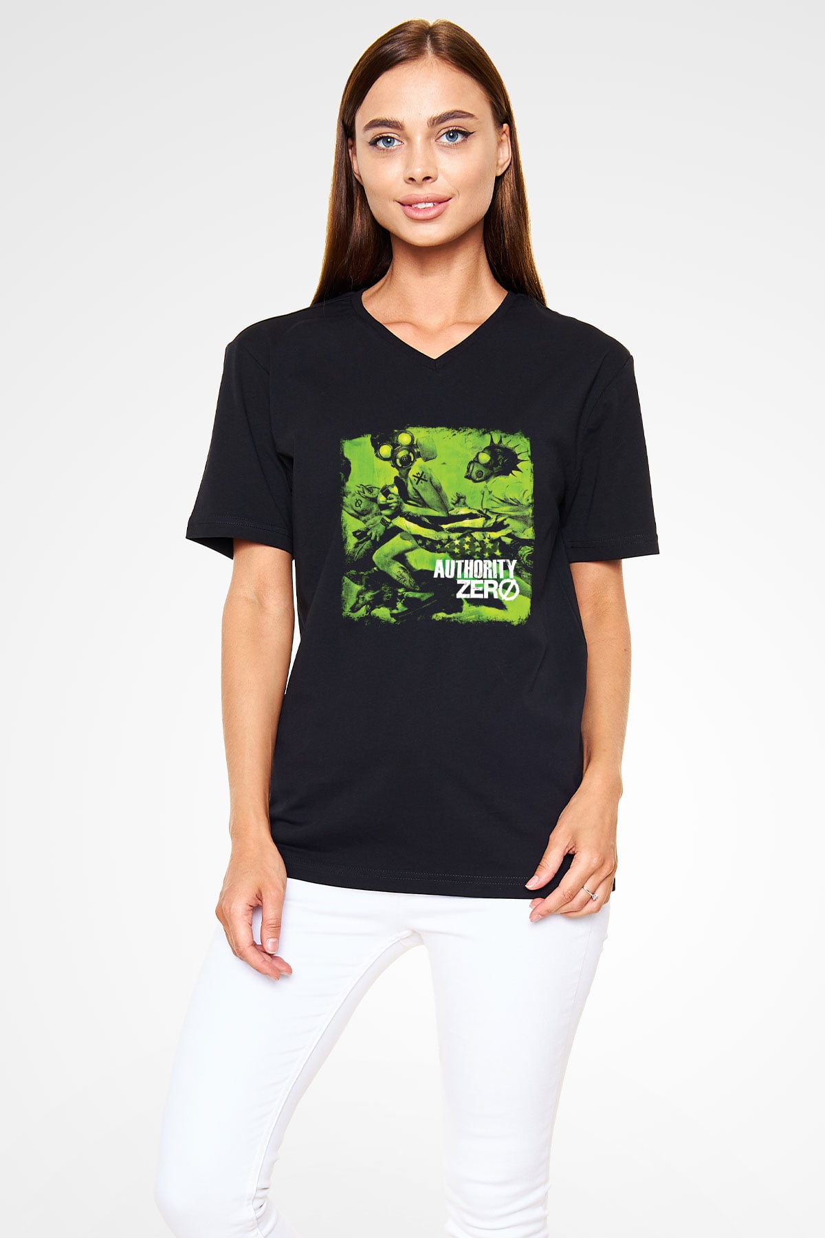 Authority Zero Baskılı Unisex Siyah V Yaka Tişört