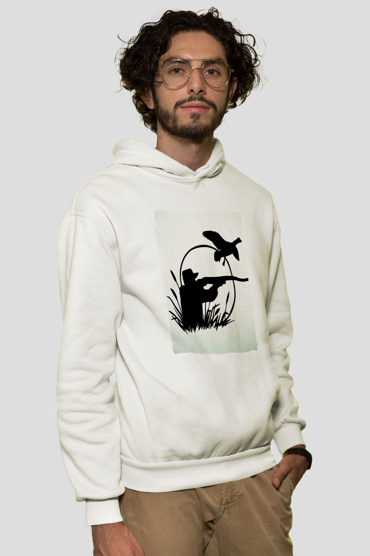 Avcı Beyaz Unisex Kapüşonlu Sweatshirt